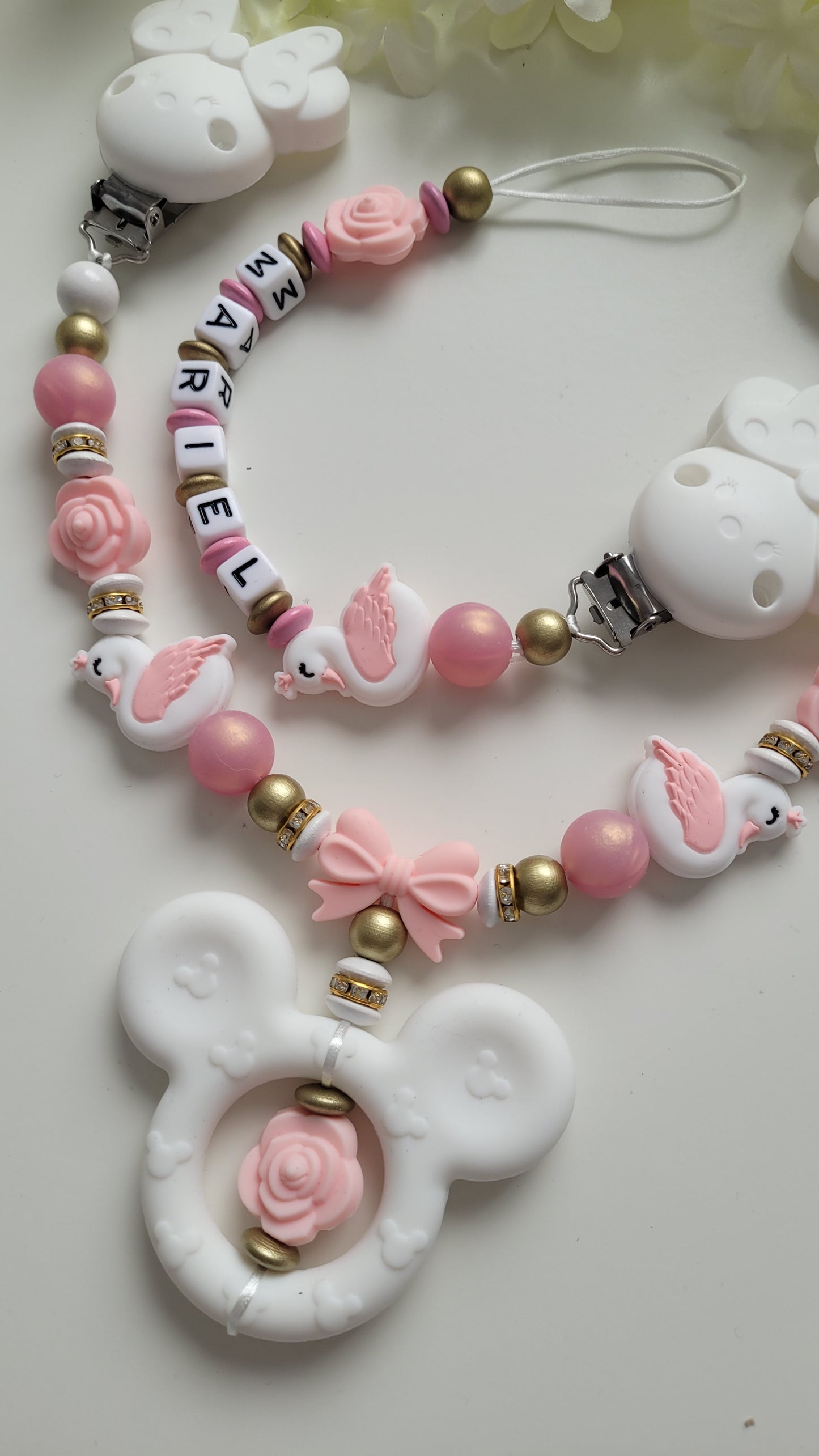 Kinderwagenkette & Schnullerkette *Schwan Prinzessin* rosegold