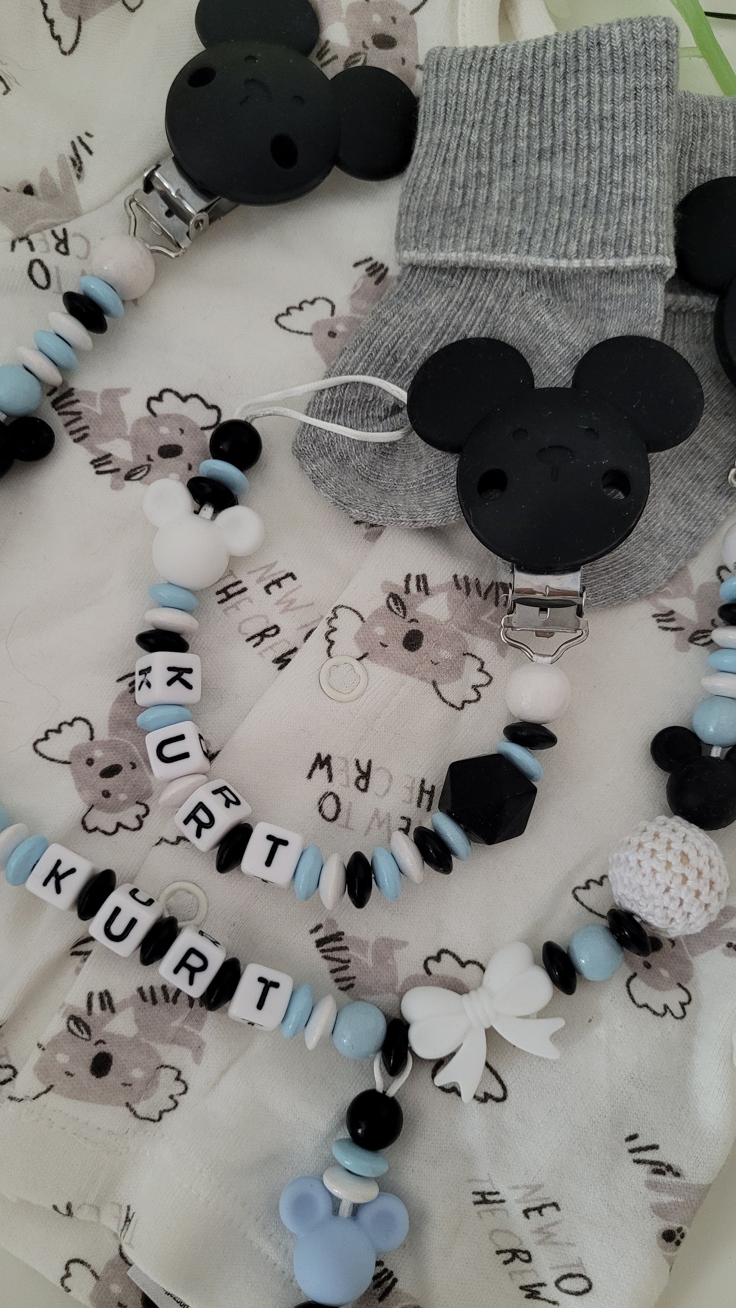 Kinderwagenkette & Schnullerkette * Maus* blau schwarz weiß