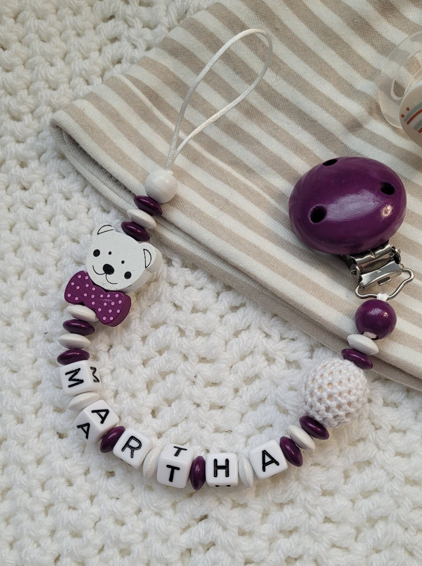 Schnullerkette mit Namen für Mädchen pflaume lila Teddy