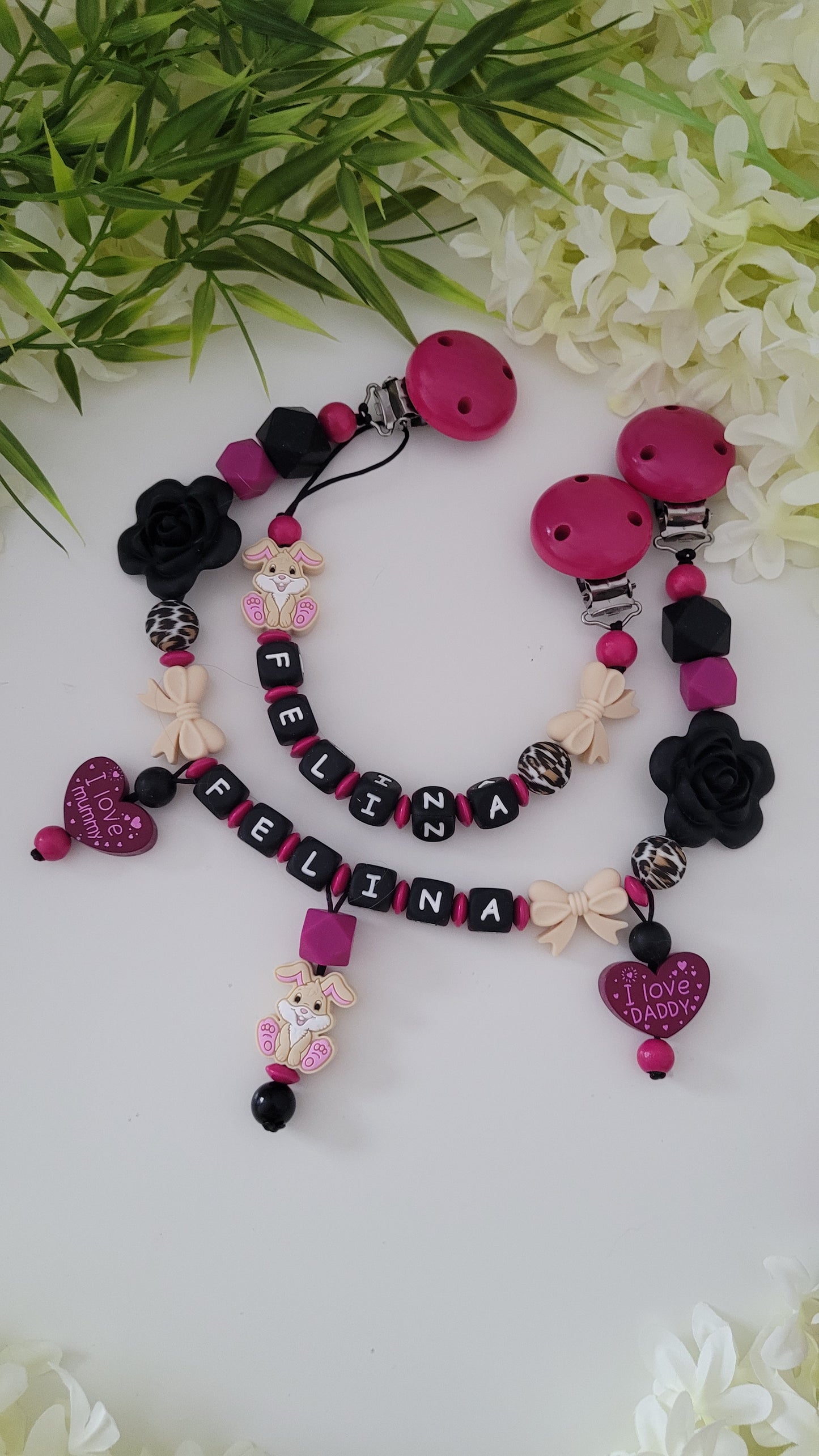 Kinderwagenkette & Schnullerkette *Häschen* pink schwarz