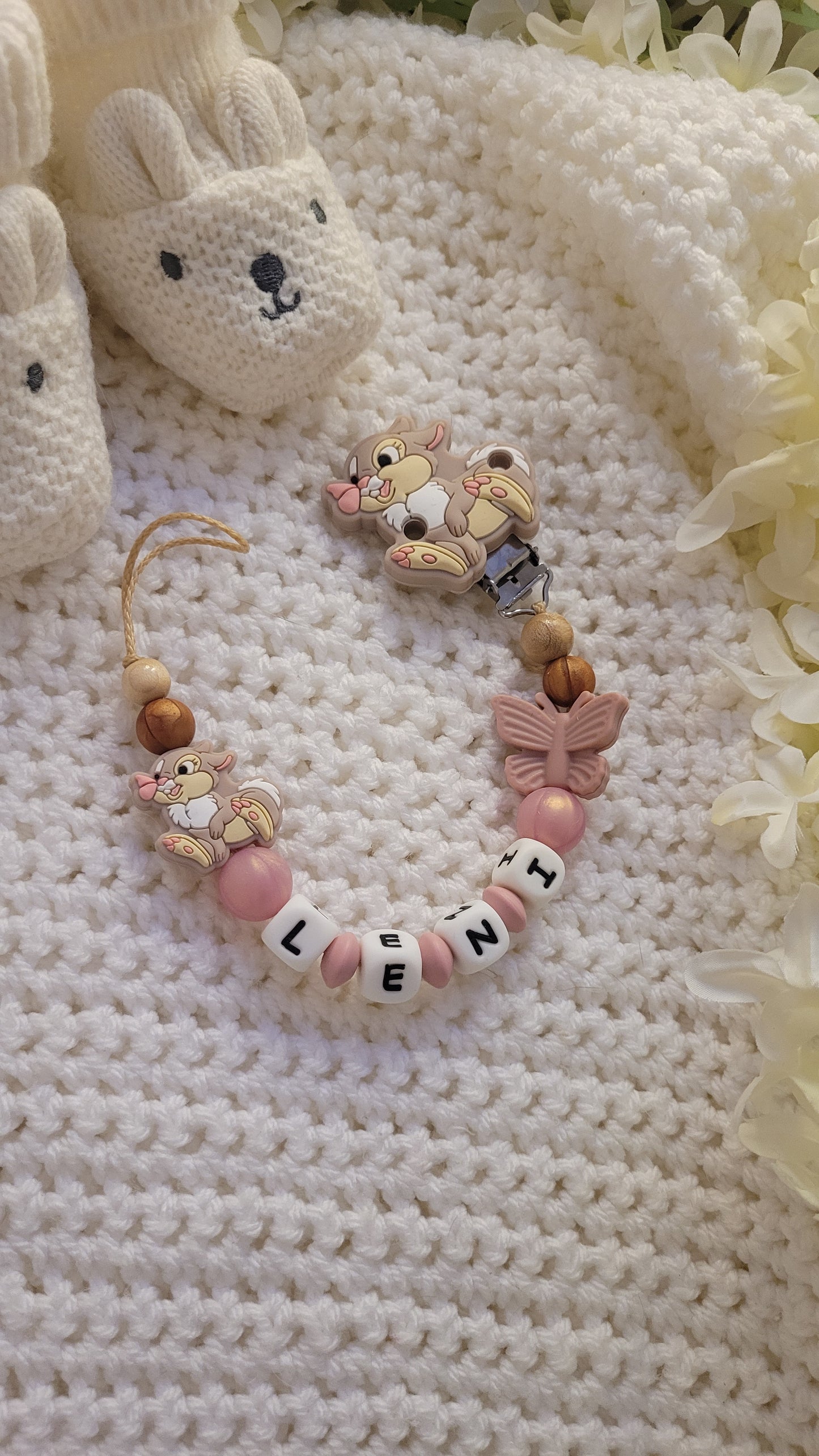 Schnullerkette mit Namen für Mädchen Maus gold rose