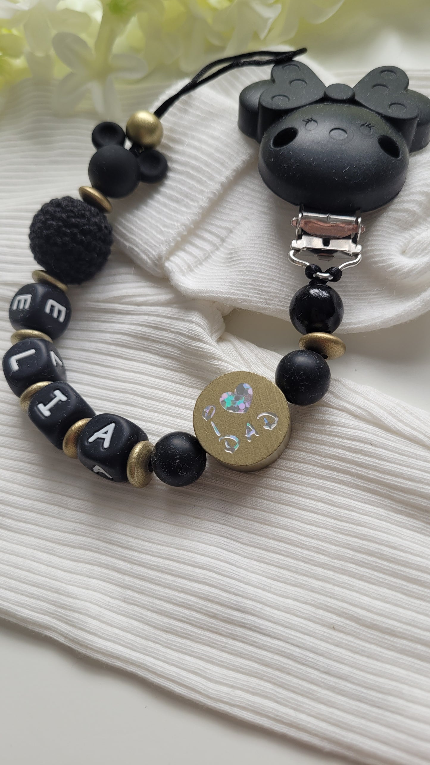 Schnullerkette mit Namen für Mädchen Maus schwarz gold i love Dad/ i love Mom