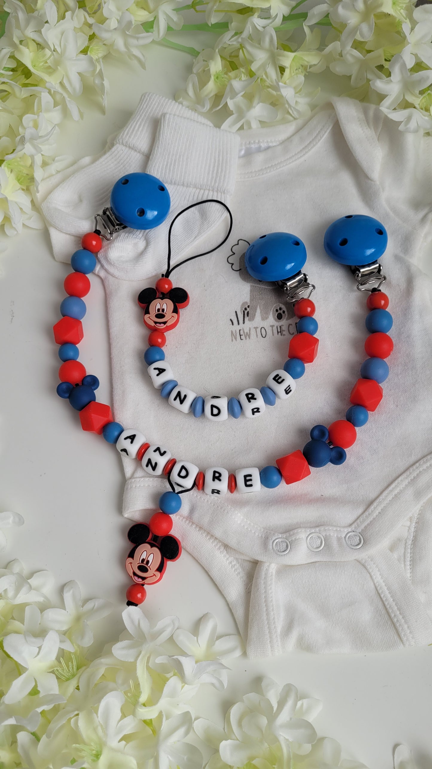 3tlg Set Schnullerkette Kinderwagenkette Greifling Mickey Maus blau rot
