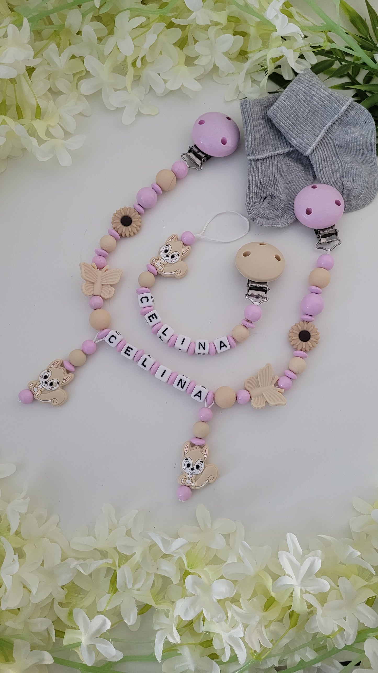 Kinderwagenkette & Schnullerkette *Eichhörnchen* rosa beige