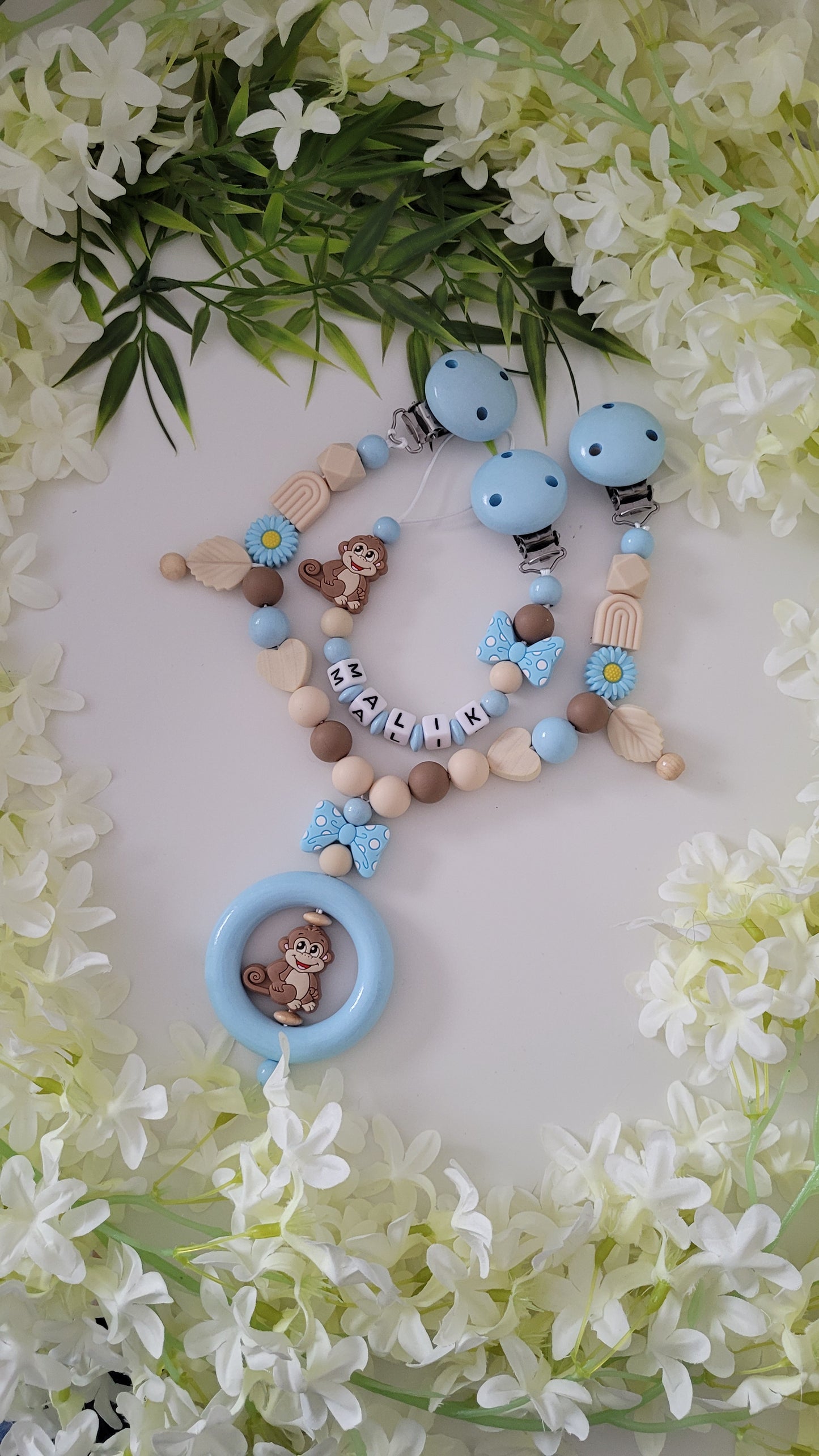 Kinderwagenkette & Schnullerkette *Äffchen* hellblau beige