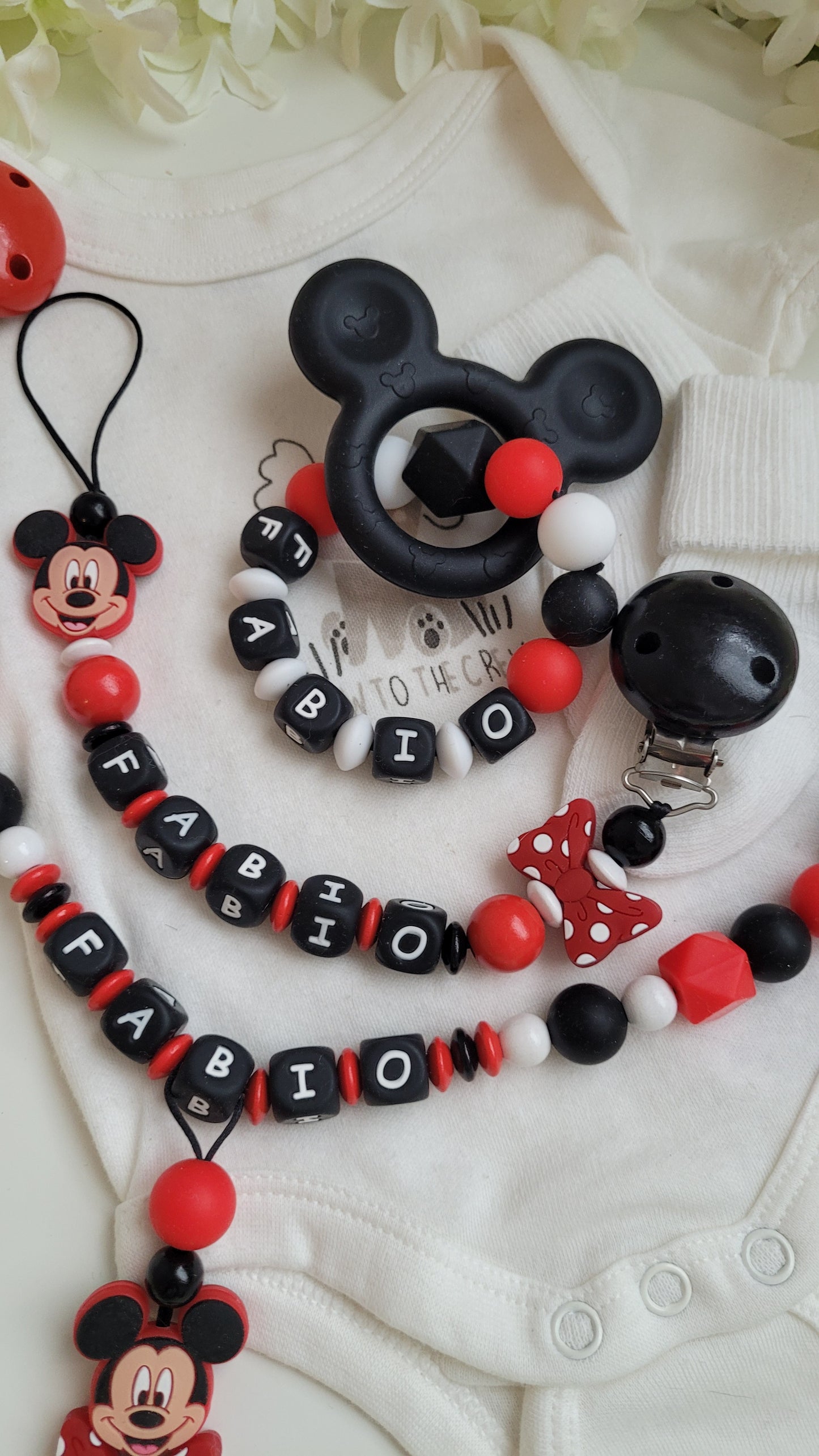 3tlg Set Schnullerkette Kinderwagenkette Greifling Mickey Maus schwarz rot