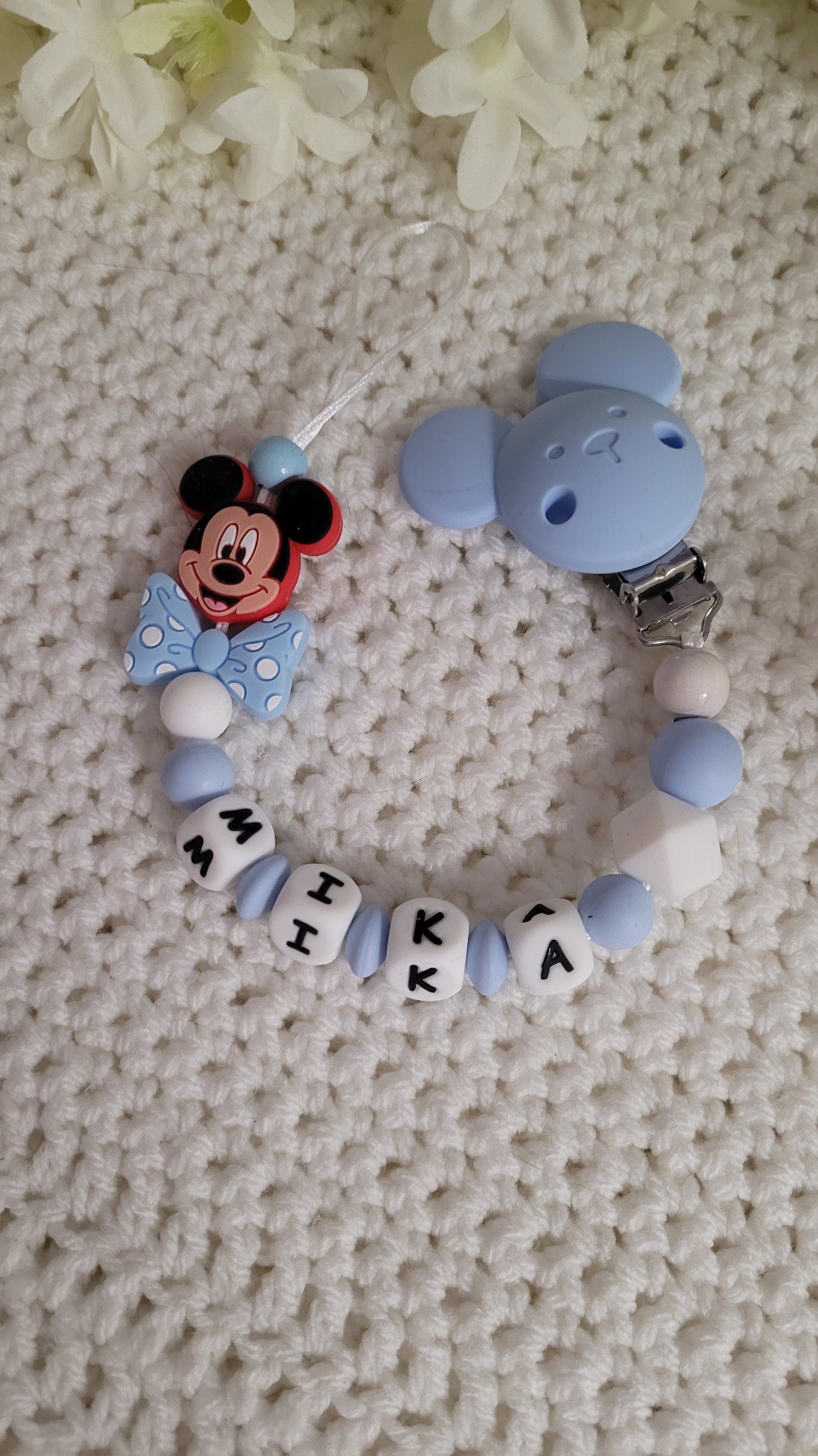 Schnullerkette mit Namen für Jungen Mickey Mausclips blau silikon