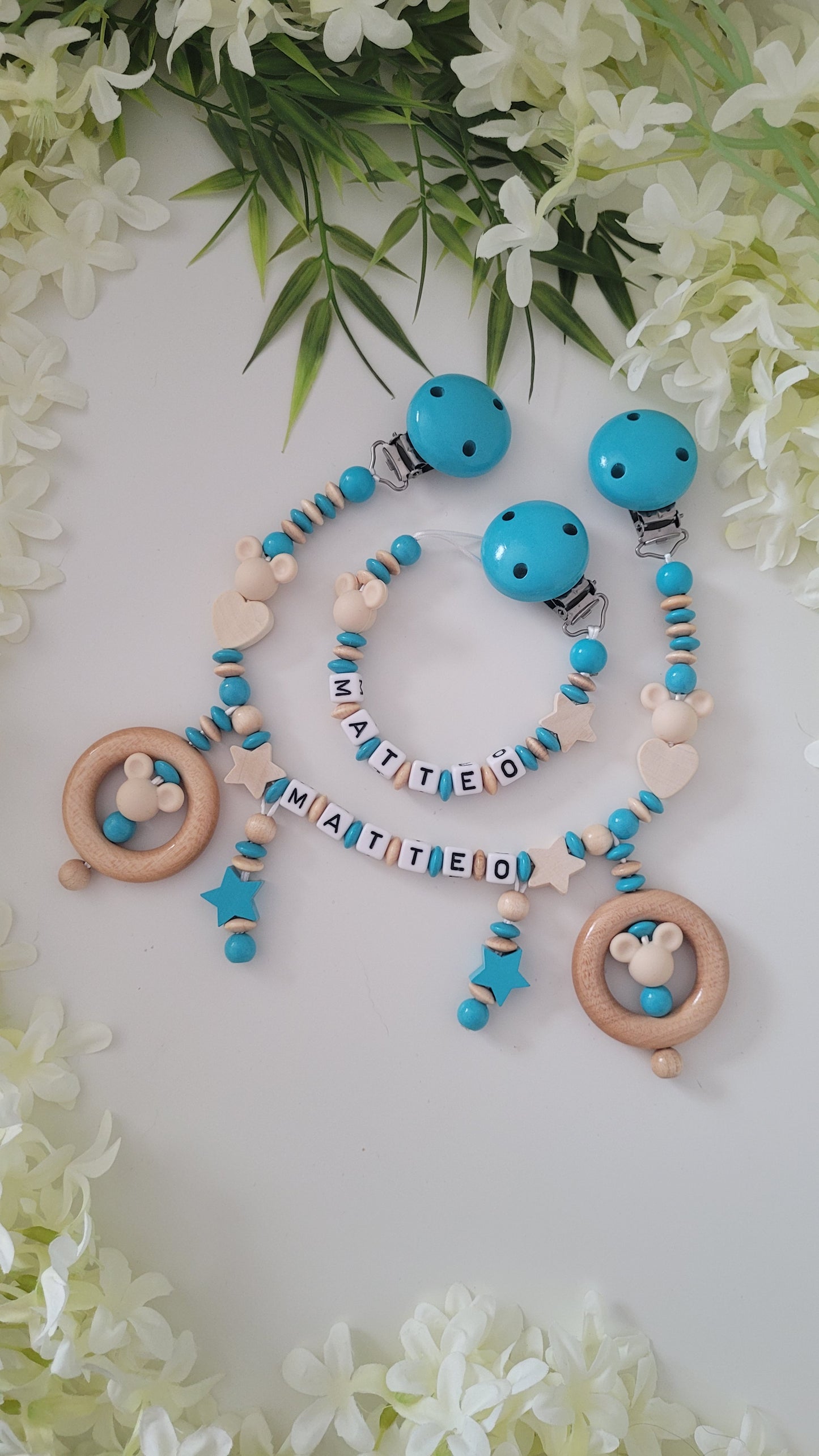 Kinderwagenkette & Schnullerkette Herz Mickey personalisiert türkis holz