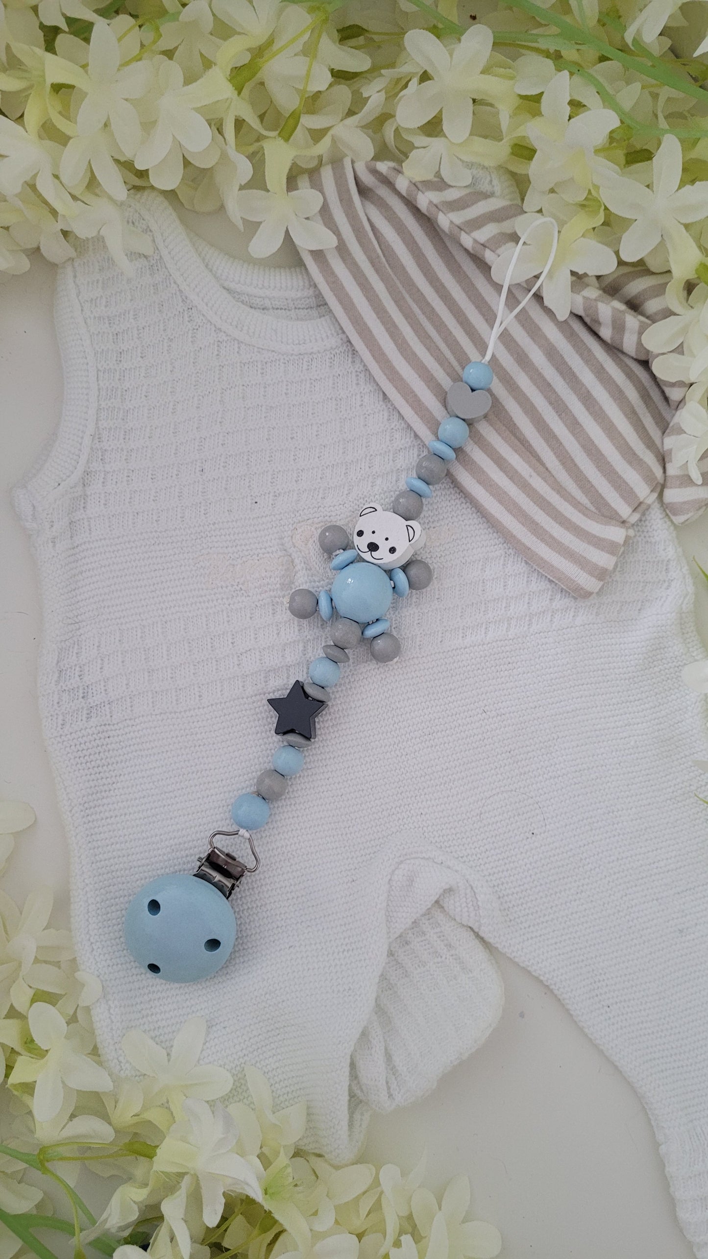 Schnullerkette *Teddy* hellblau grau