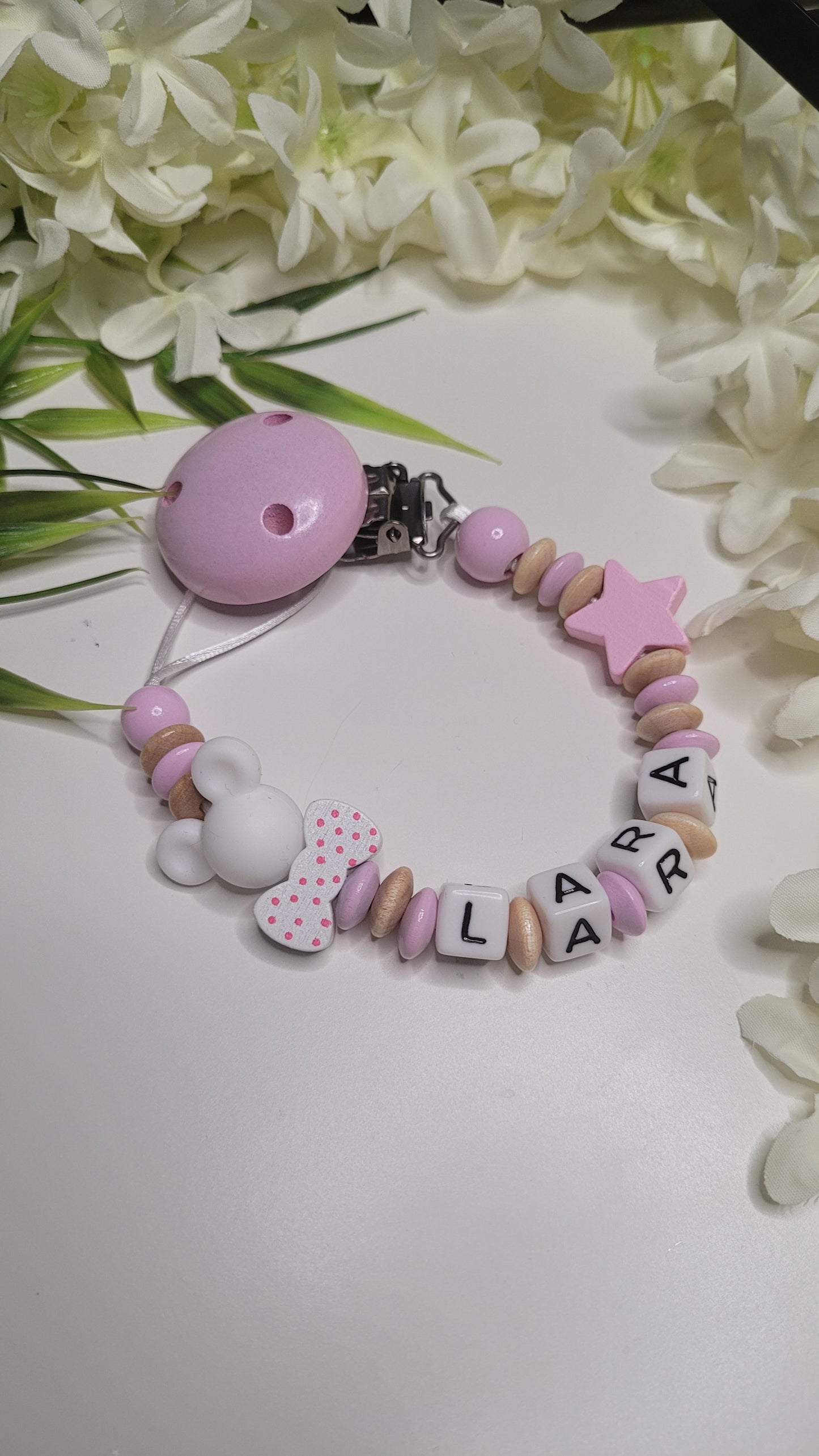 Schnullerkette mit Namen Mädchen rosa holz Maus