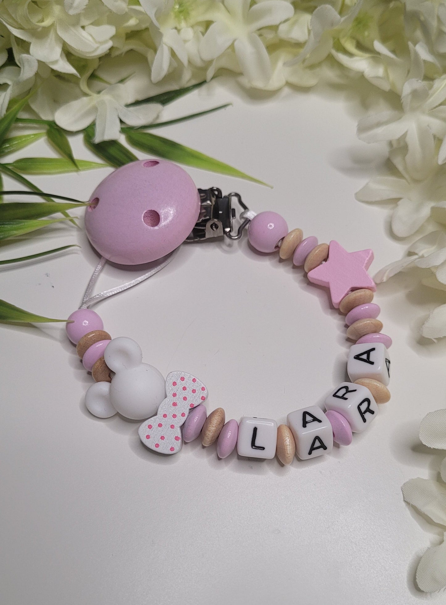 Schnullerkette mit namen rosa Maus