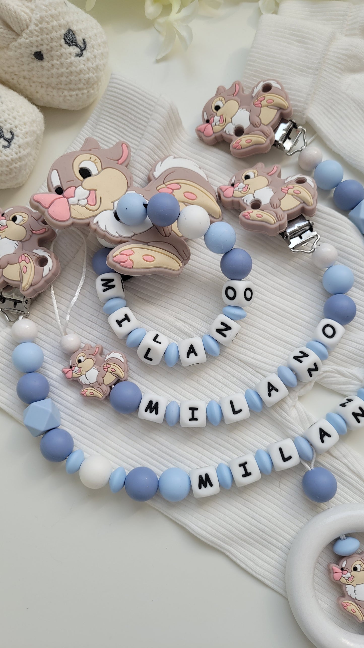 3tlg Set Schnullerkette Kinderwagenkette Greifling Hase blau