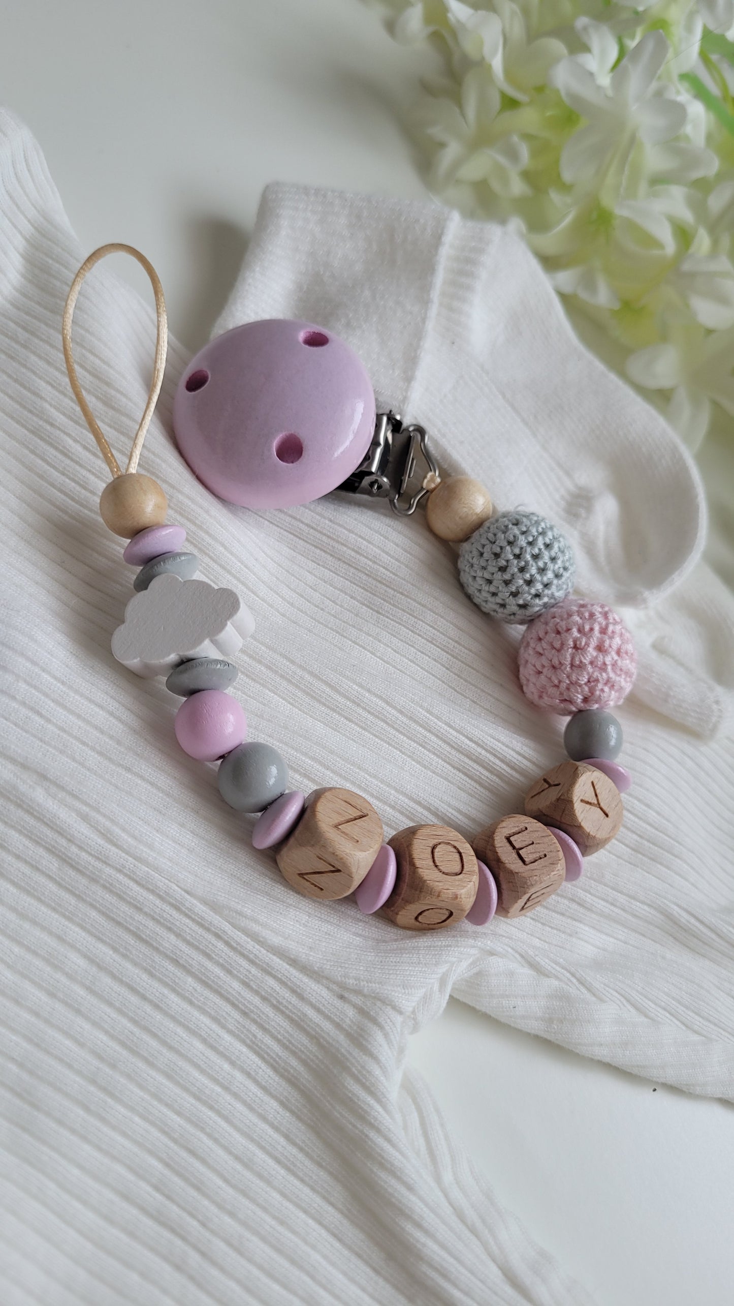 Kinderwagenkette & Schnullerkette mit Namen Rosa Wolke