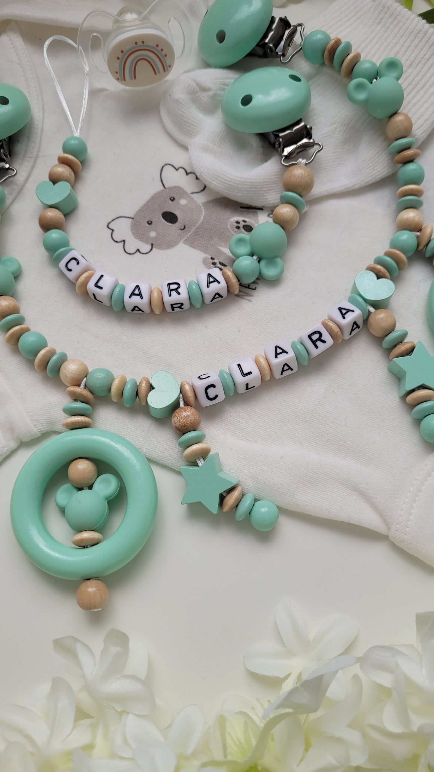 Kinderwagenkette & Schnullerkette Set Maus mint holz