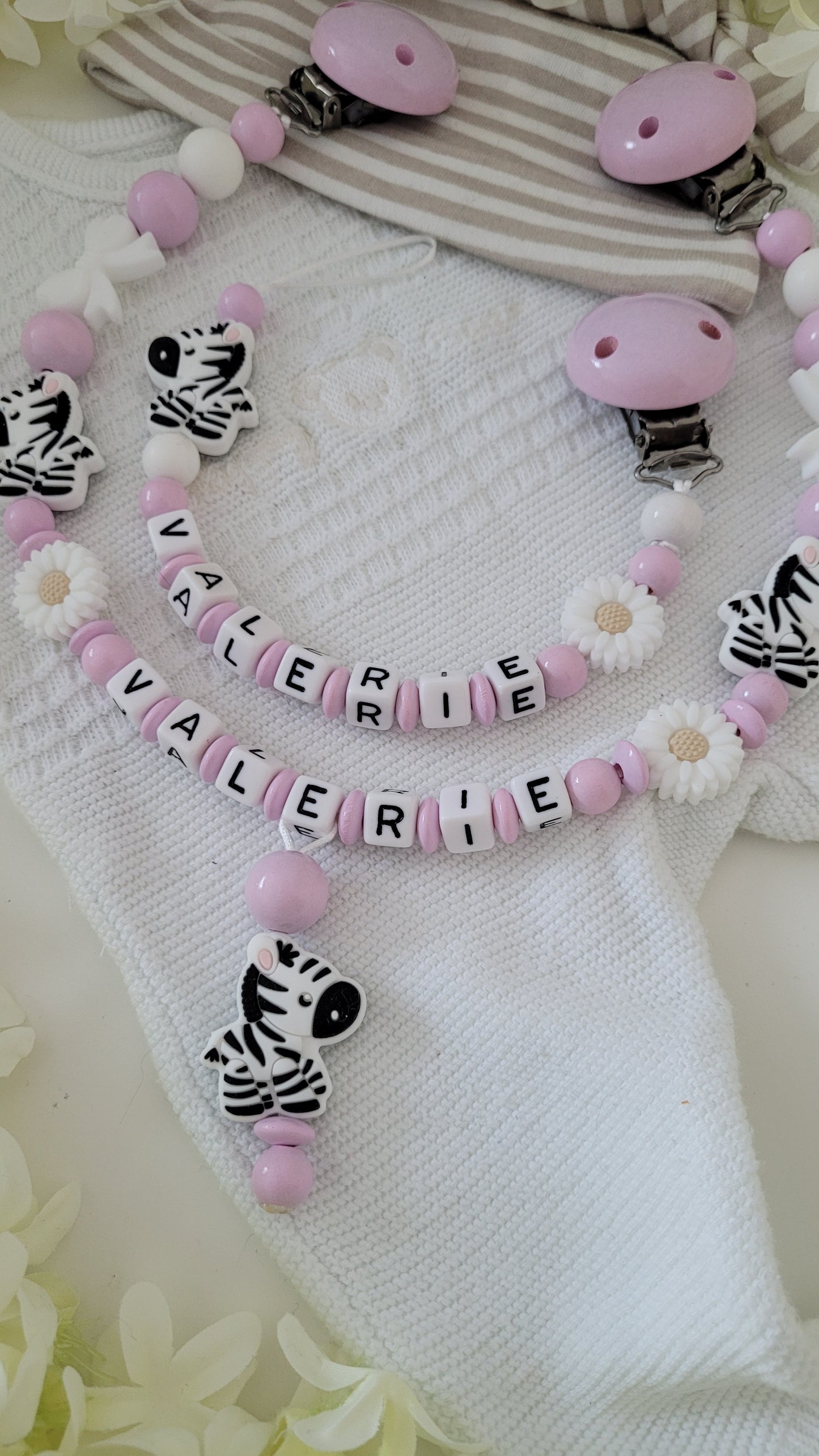 Kinderwagenkette & Schnullerkette * Zebra* Rosa weiss