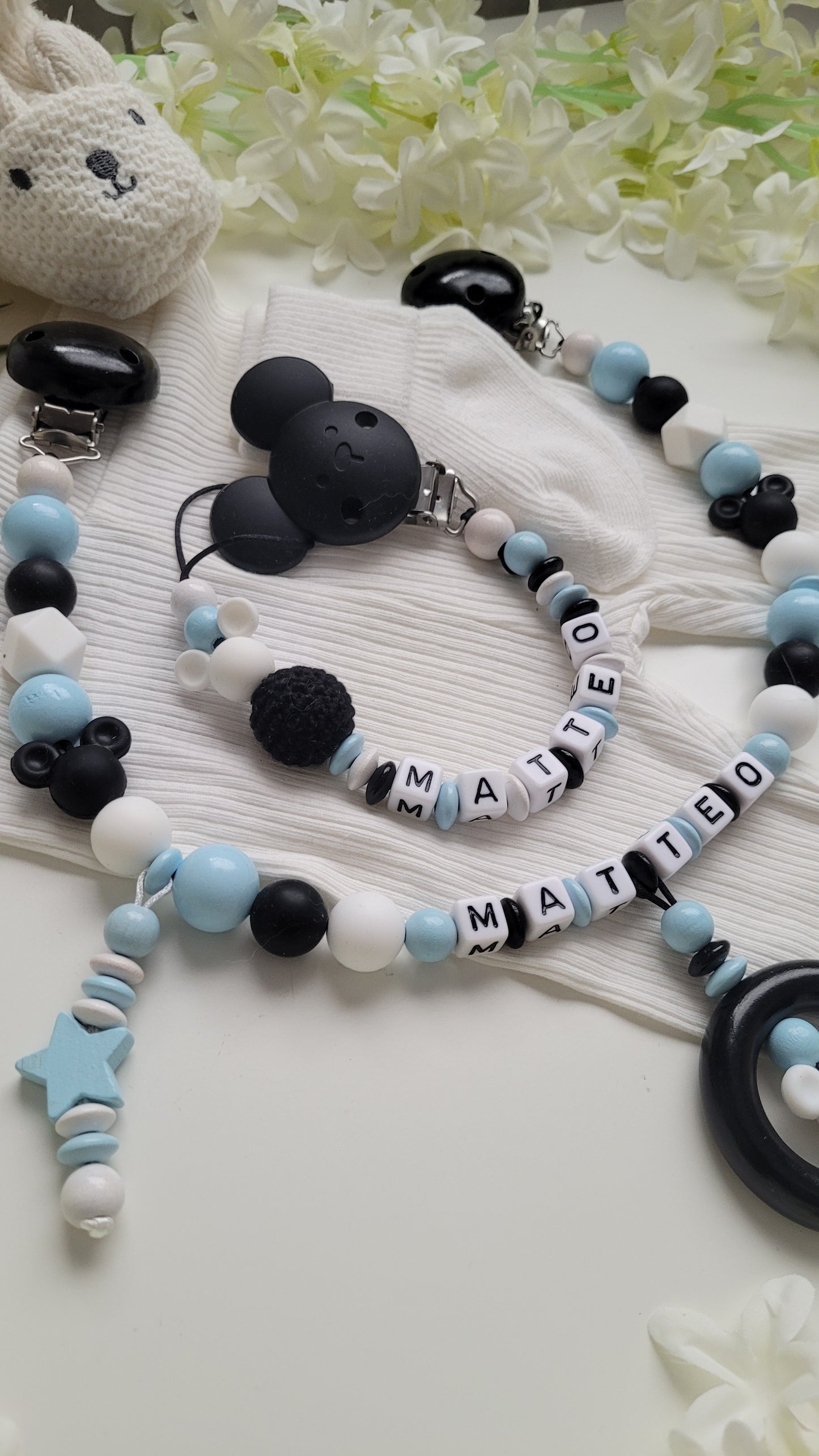 Kinderwagenkette & Schnullerkette * Maus* blau schwarz weiß