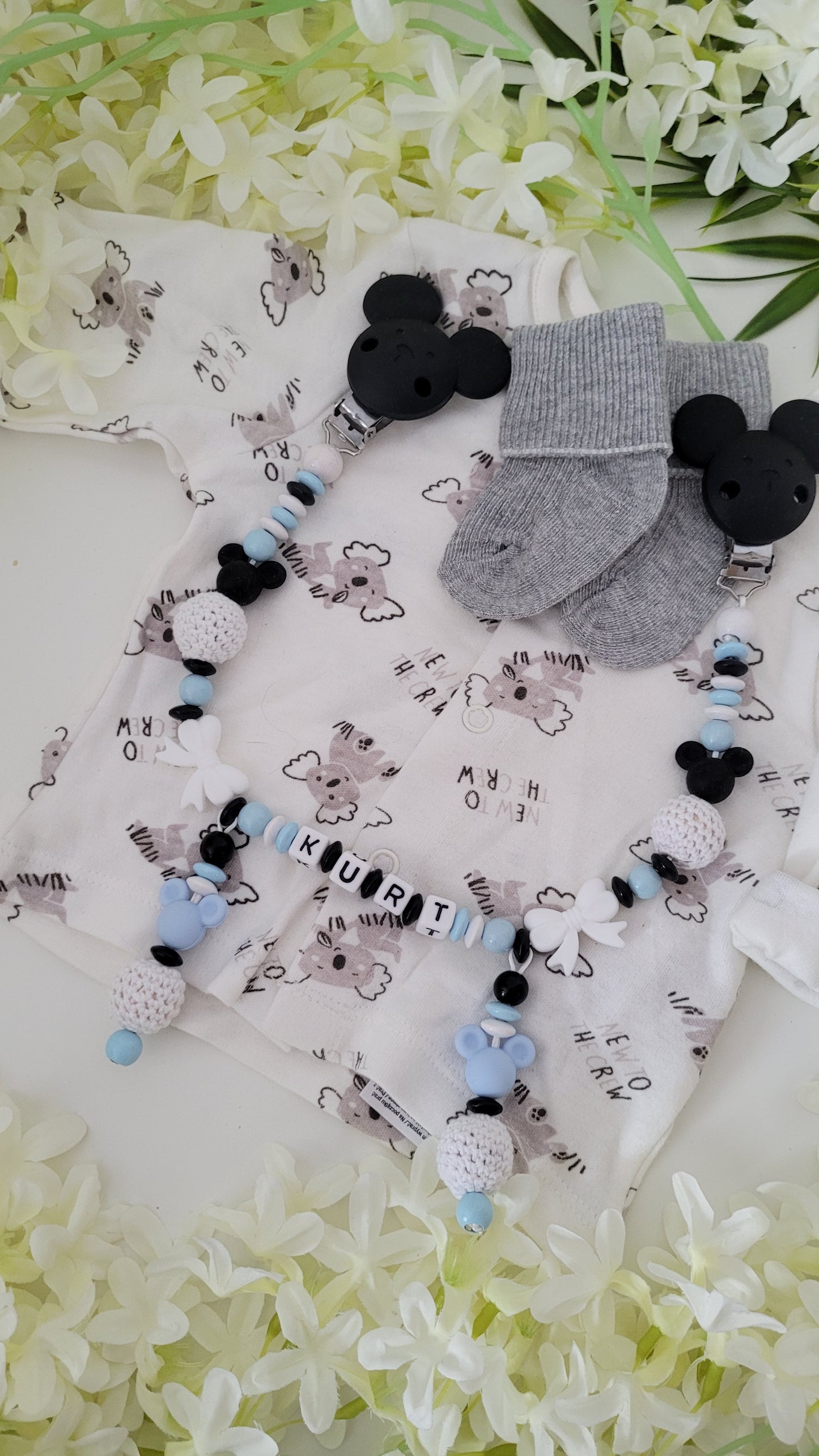 Kinderwagenkette & Schnullerkette * Maus* blau schwarz weiß
