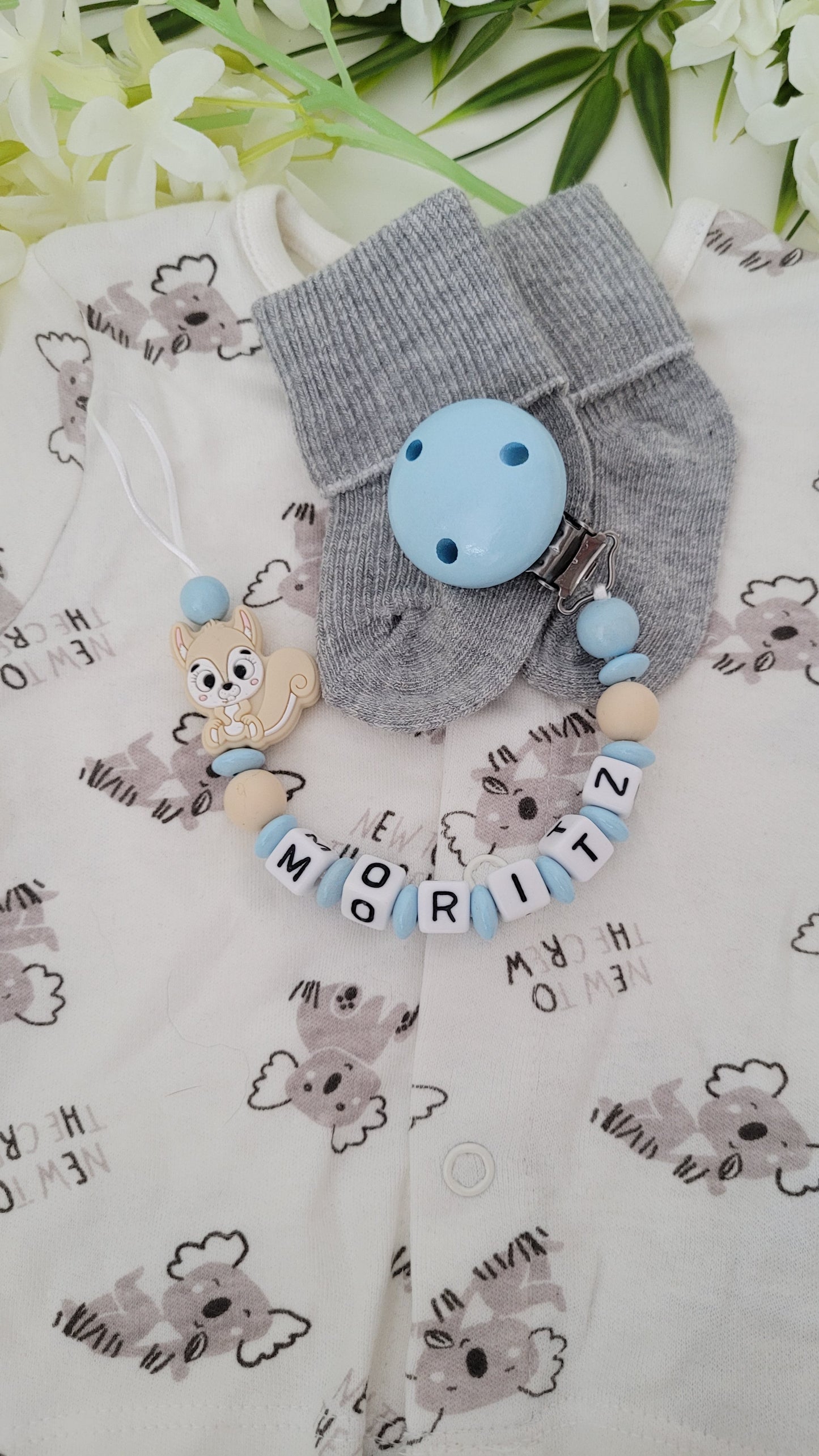 Kinderwagenkette & Schnullerkette *Eichhörnchen* blau beige