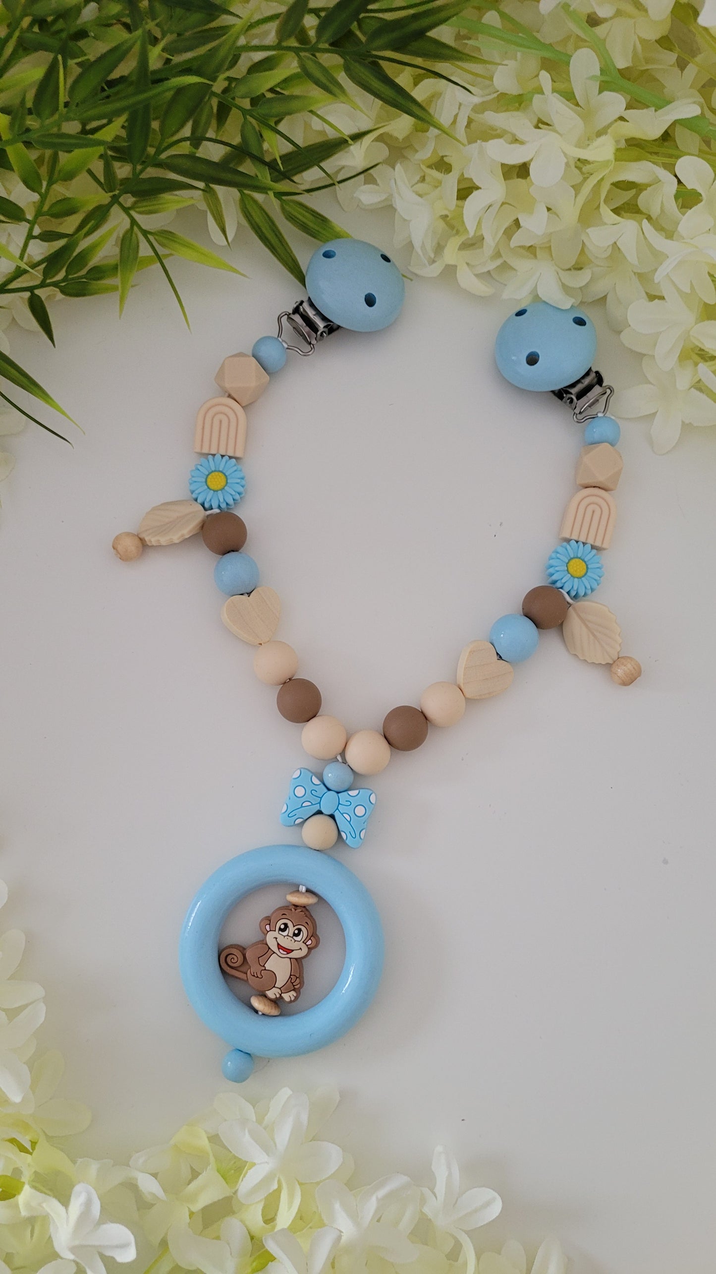 Kinderwagenkette & Schnullerkette *Äffchen* hellblau beige