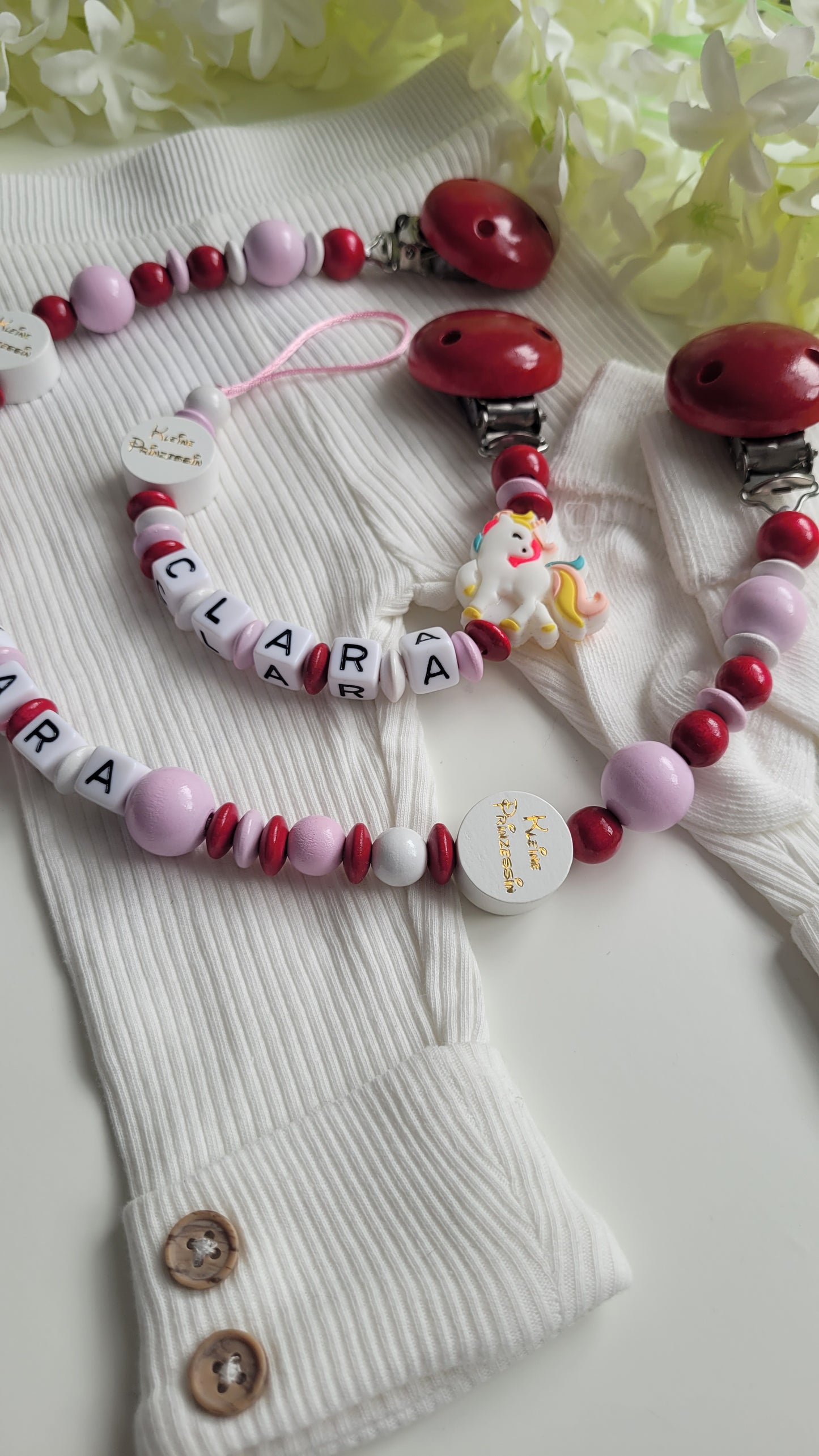 Kinderwagenkette & Schnullerkette mit Namen Kleines Prinzessin Einhorn