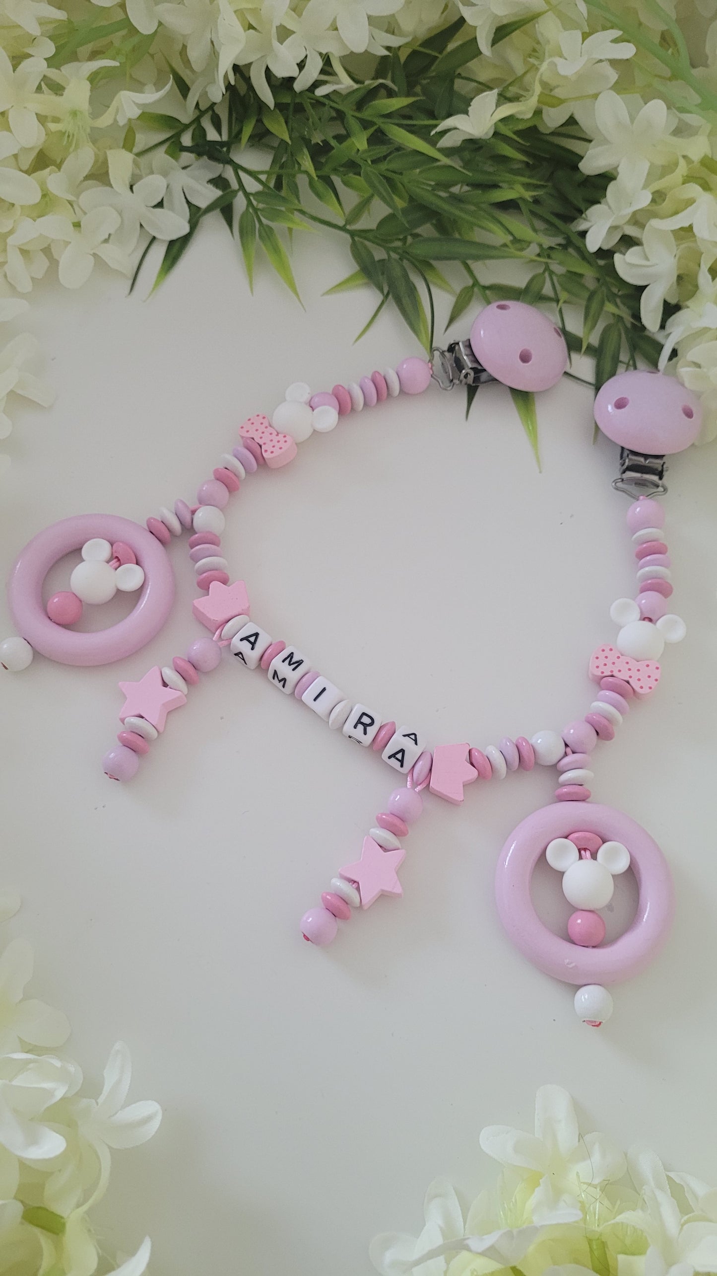 Kinderwagenkette rosa weiss holzperlen spielring personalisiert