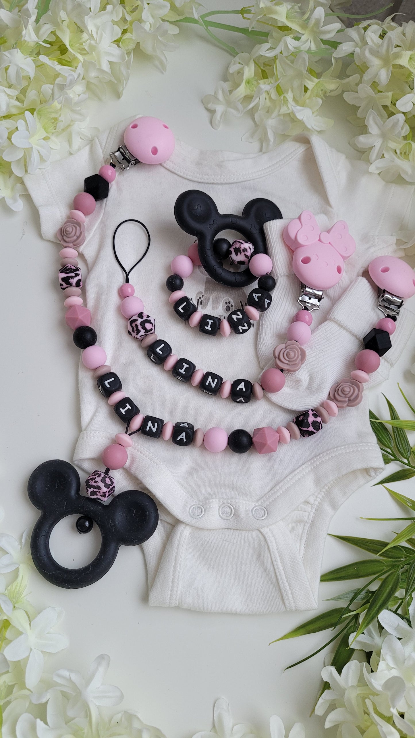 3tlg Set Minnie Maus Maus rosa Personalisierte Schnullerkette & Kinderwagenkette inkl. Beissring mit Wunschnamen