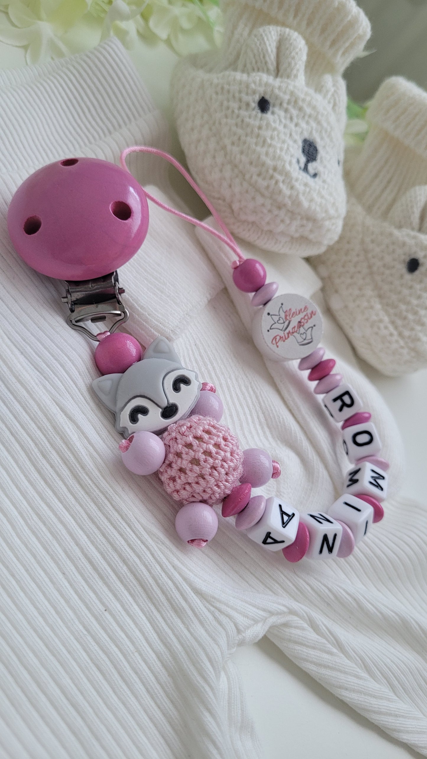 Schnullerkette mit Namen für Mädchen Kleine Prinzessin & Fuchs rosa pink
