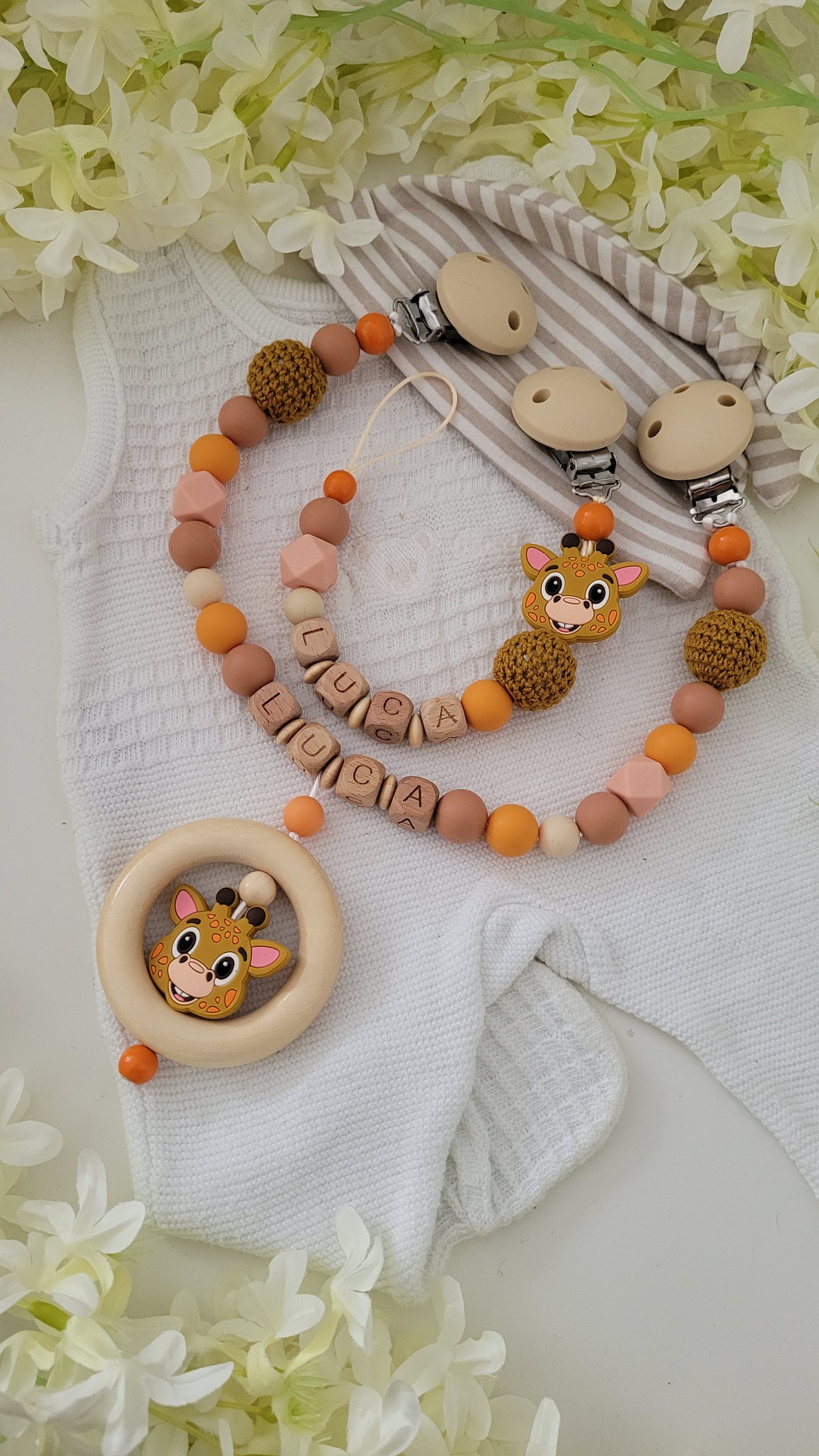 Kinderwagenkette & Schnullerkette * Giraffe* orange braun