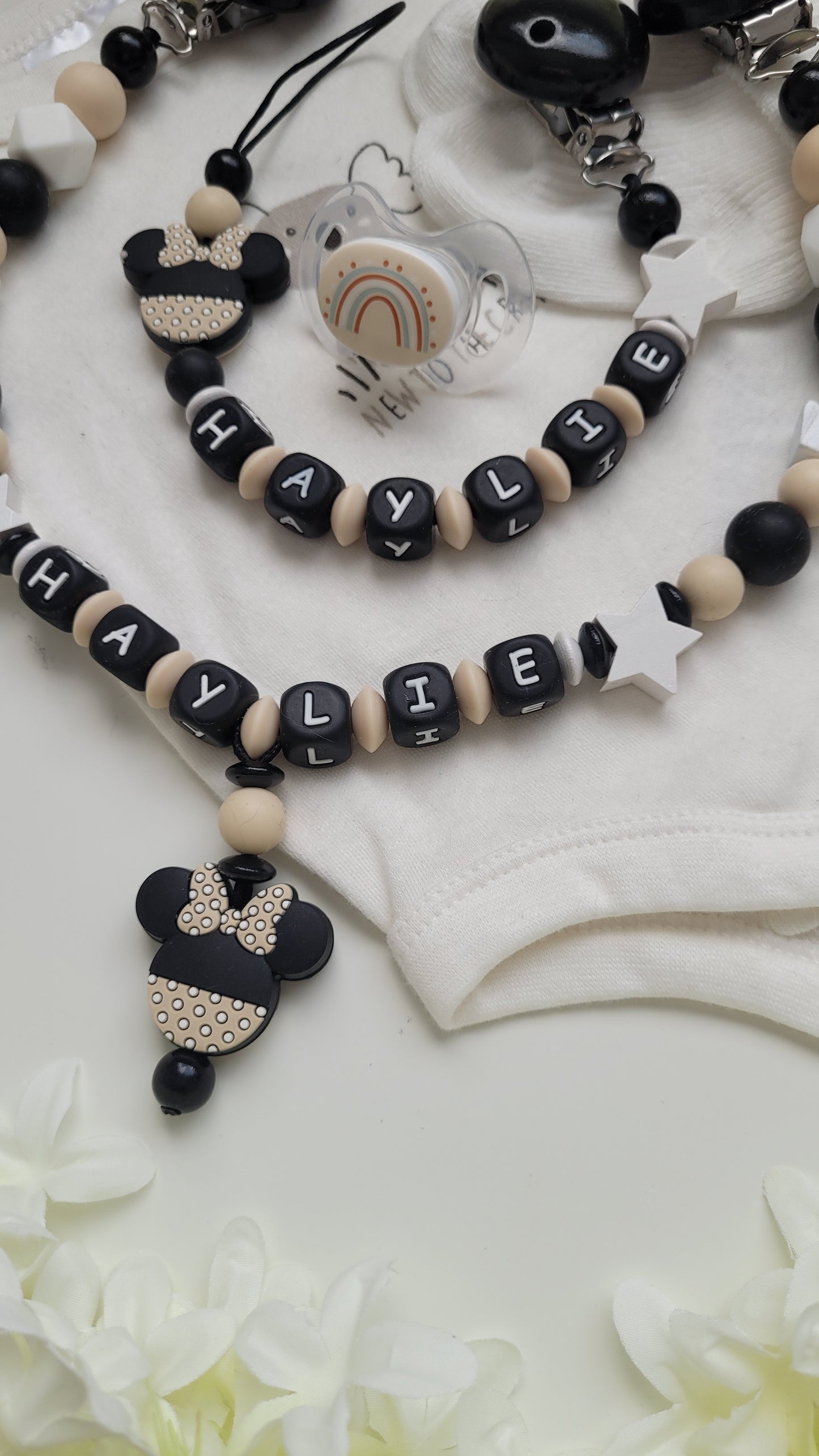 Kinderwagenkette & Schnullerkette *Minnie Prinzessin* beige schwarz
