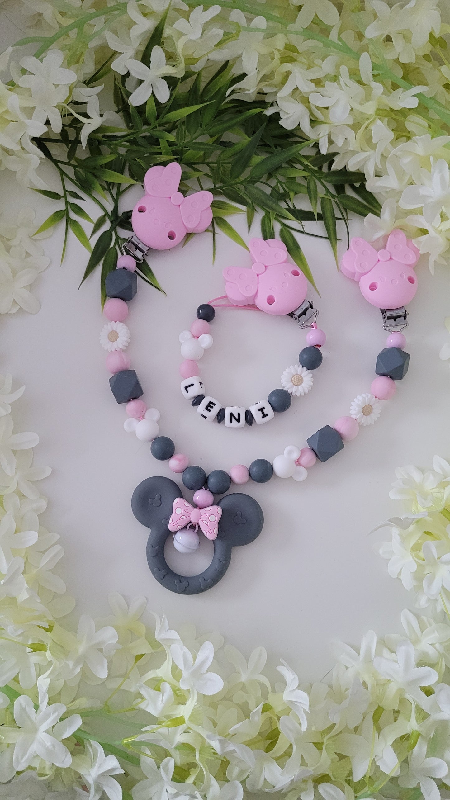 Kinderwagenkette & Schnullerkette *Minnie* grau rosa
