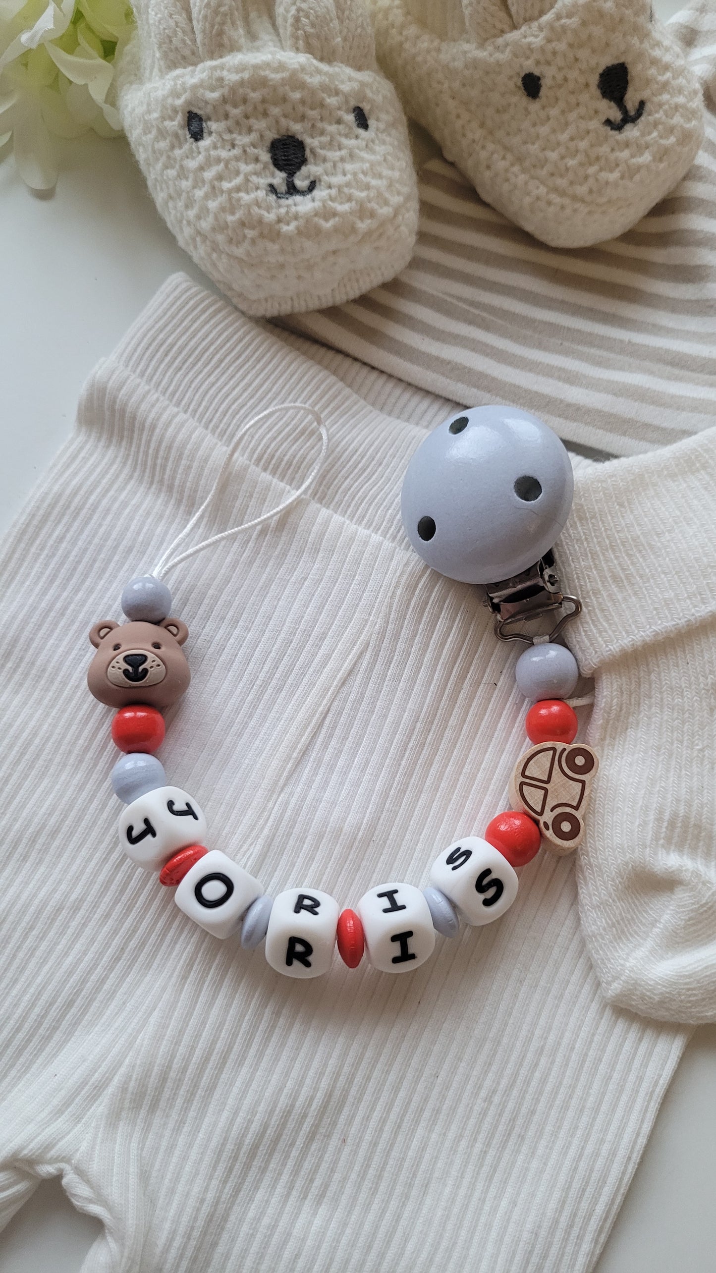 Kinderwagenkette & Schnullerkette mit Namen Bärchen und Auto