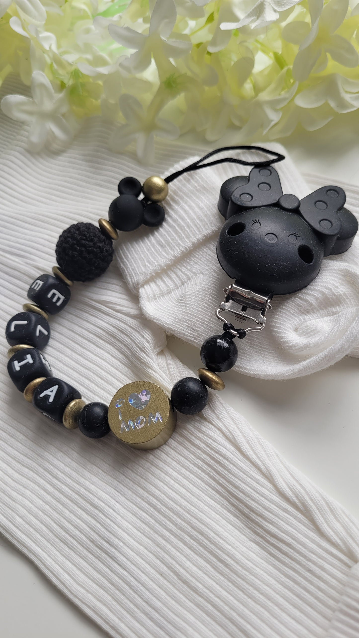 Schnullerkette mit Namen für Mädchen Maus schwarz gold i love Dad/ i love Mom