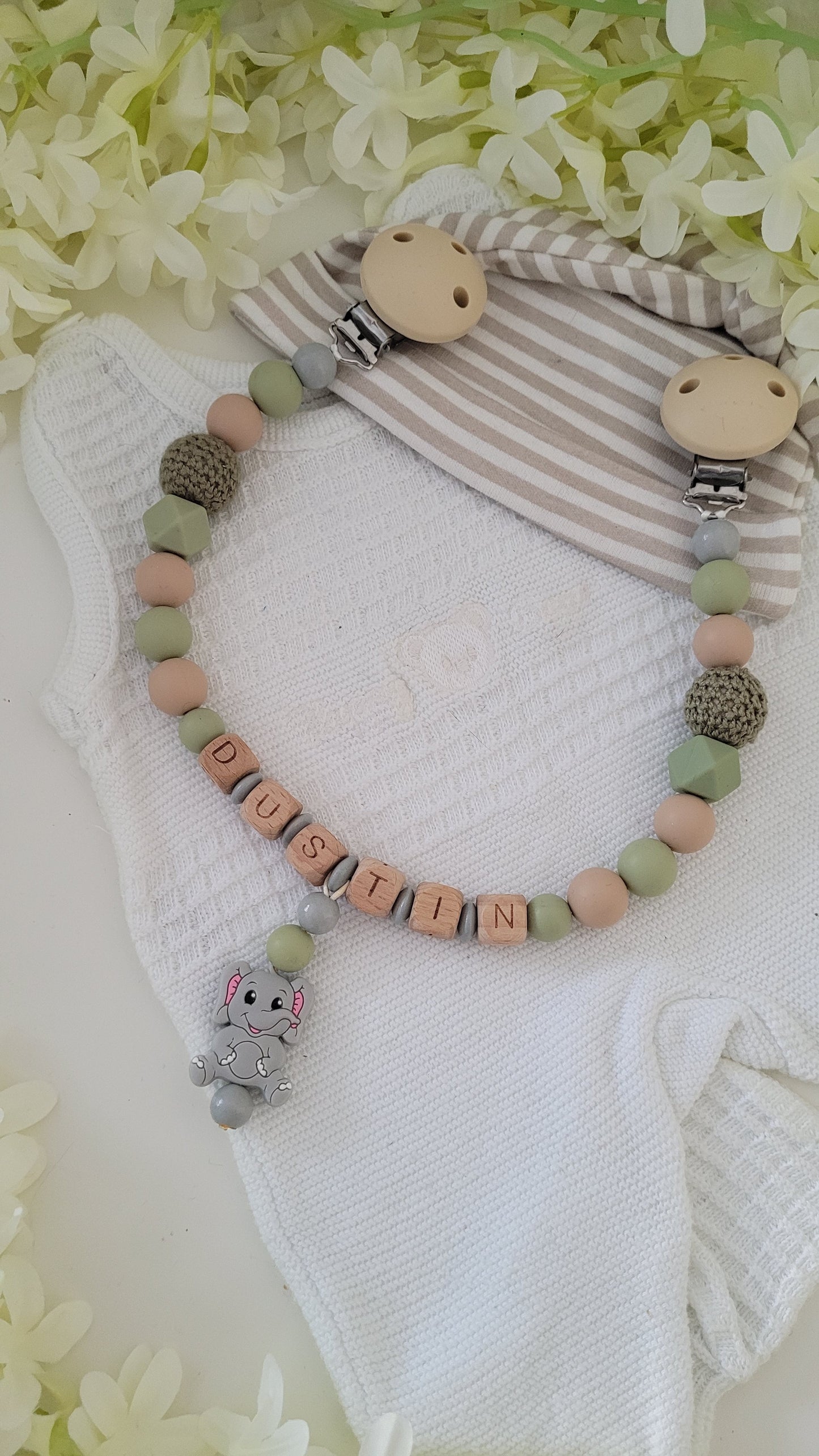 Kinderwagenkette & Schnullerkette Elefant grün