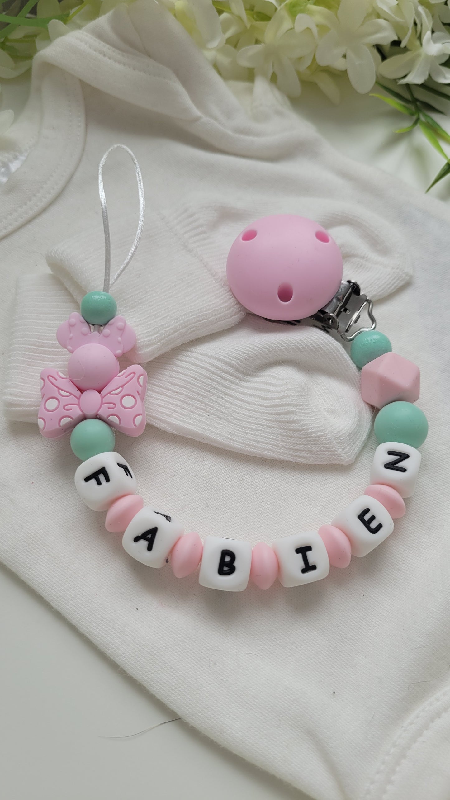 Schnullerkette mit Namen für Mädchen  Minnie mint rosa