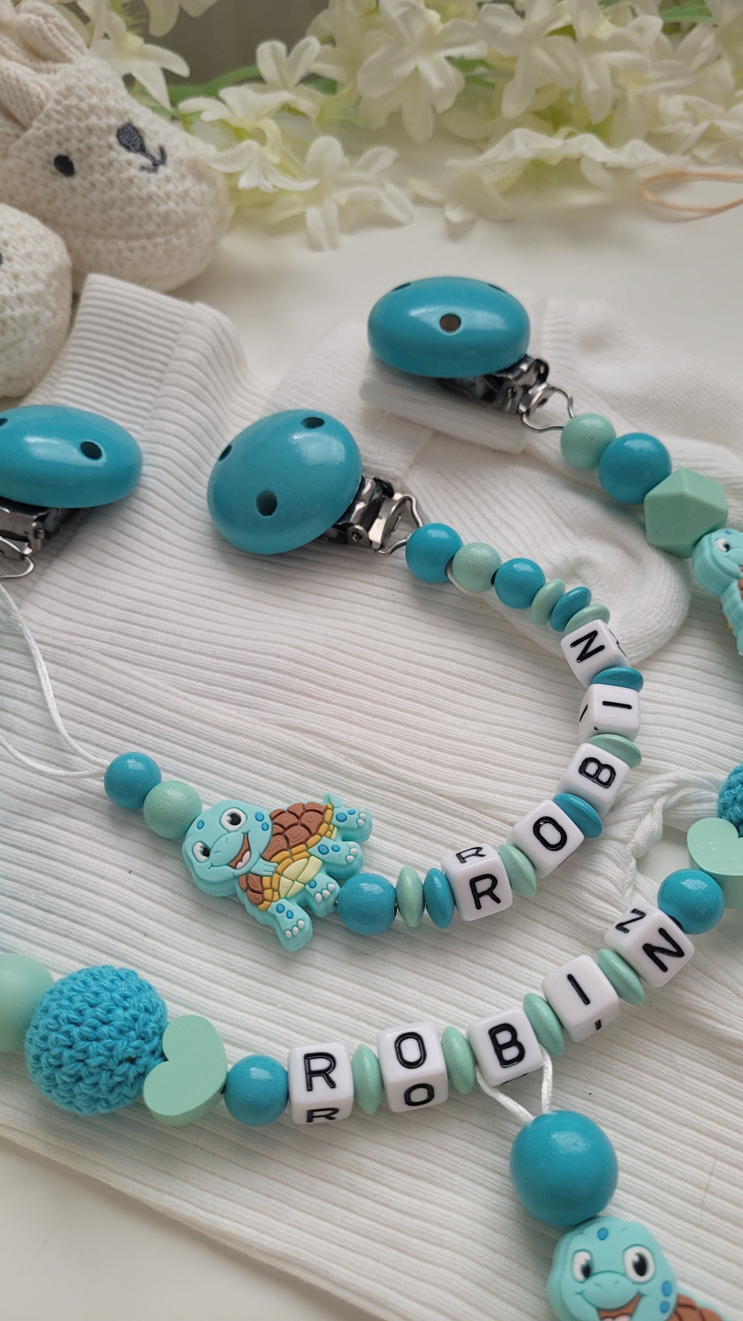 Kinderwagenkette & Schnullerkette mit Namen Schildkröte mint türkis