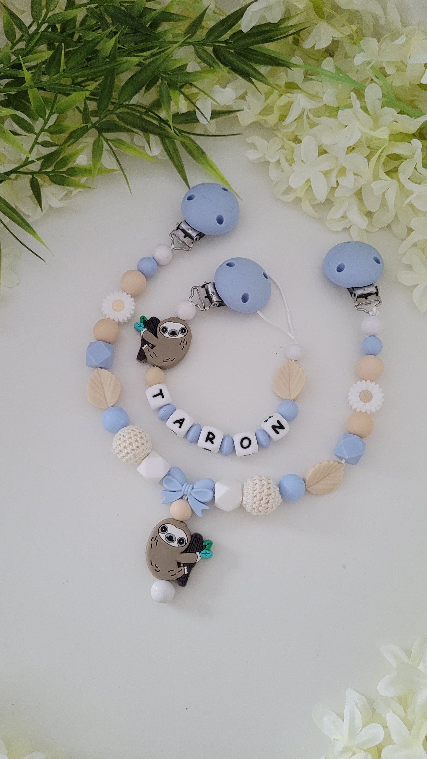 Kinderwagenkette & Schnullerkette *Faultier* blau beige