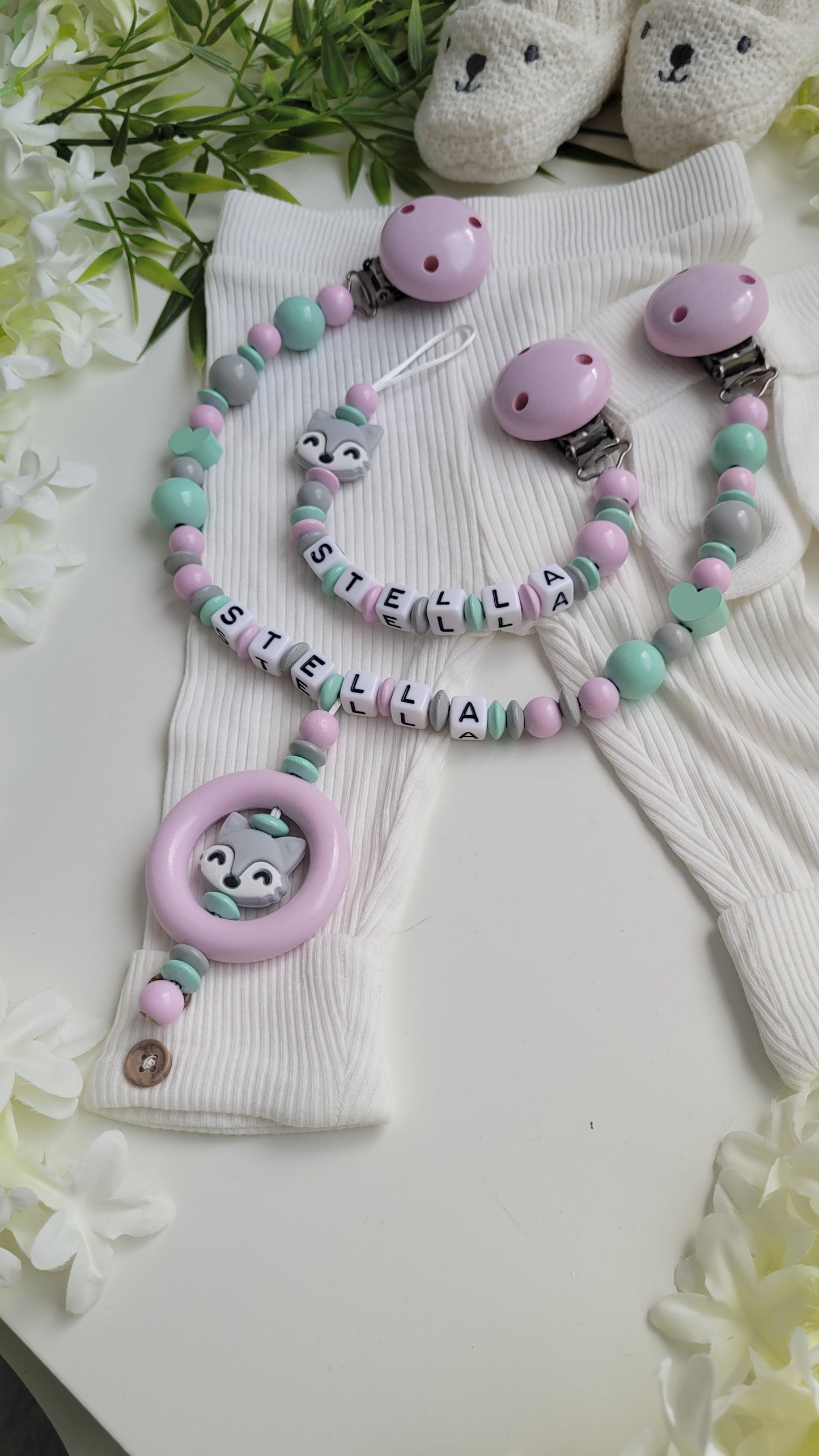Kinderwagenkette & Schnullerkette mit Namen Fuchs rosa mint grau