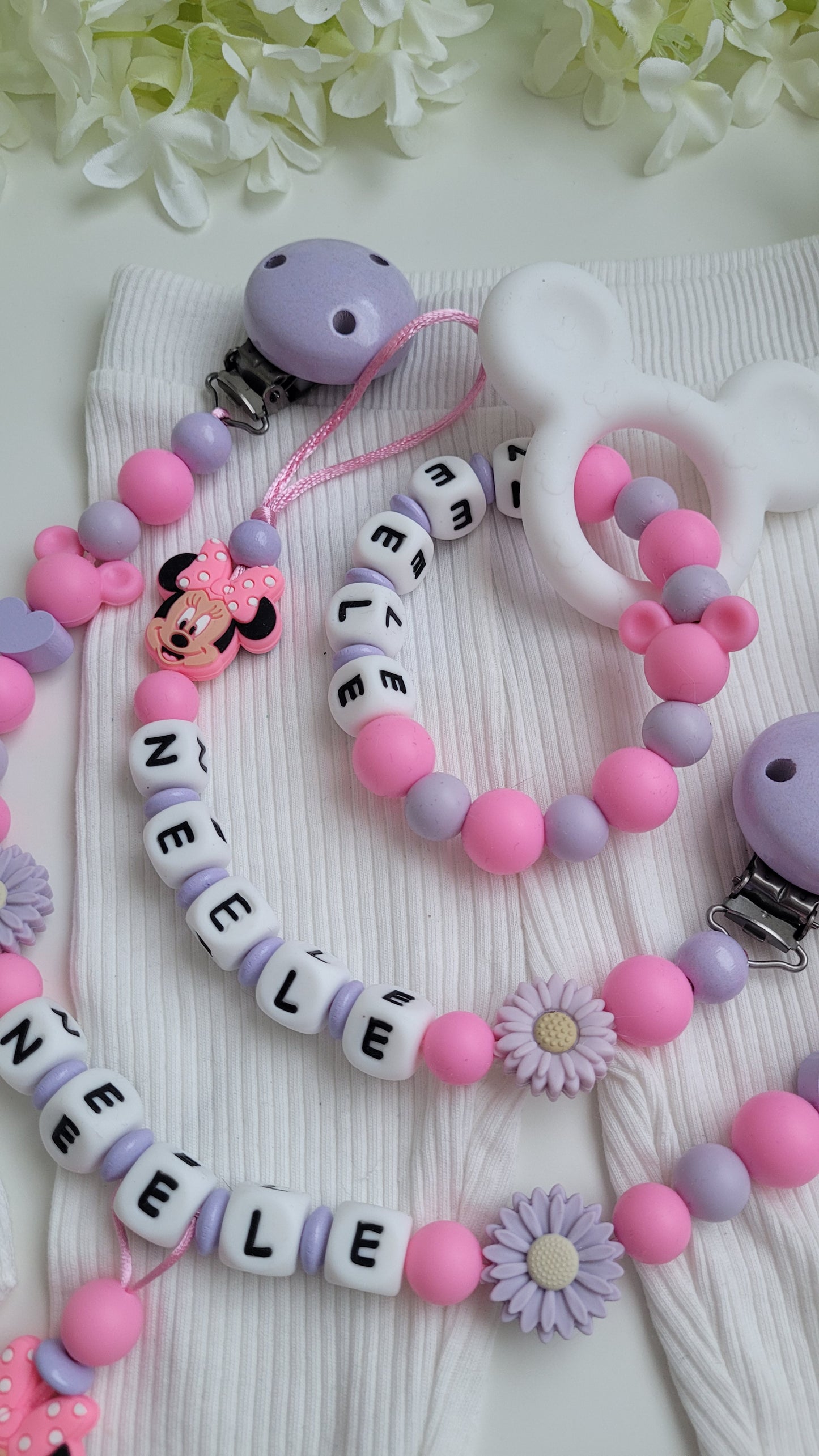 3tlg Set Pink flieder Maus Schnullerkette Kinderwagenkette und Greifring
