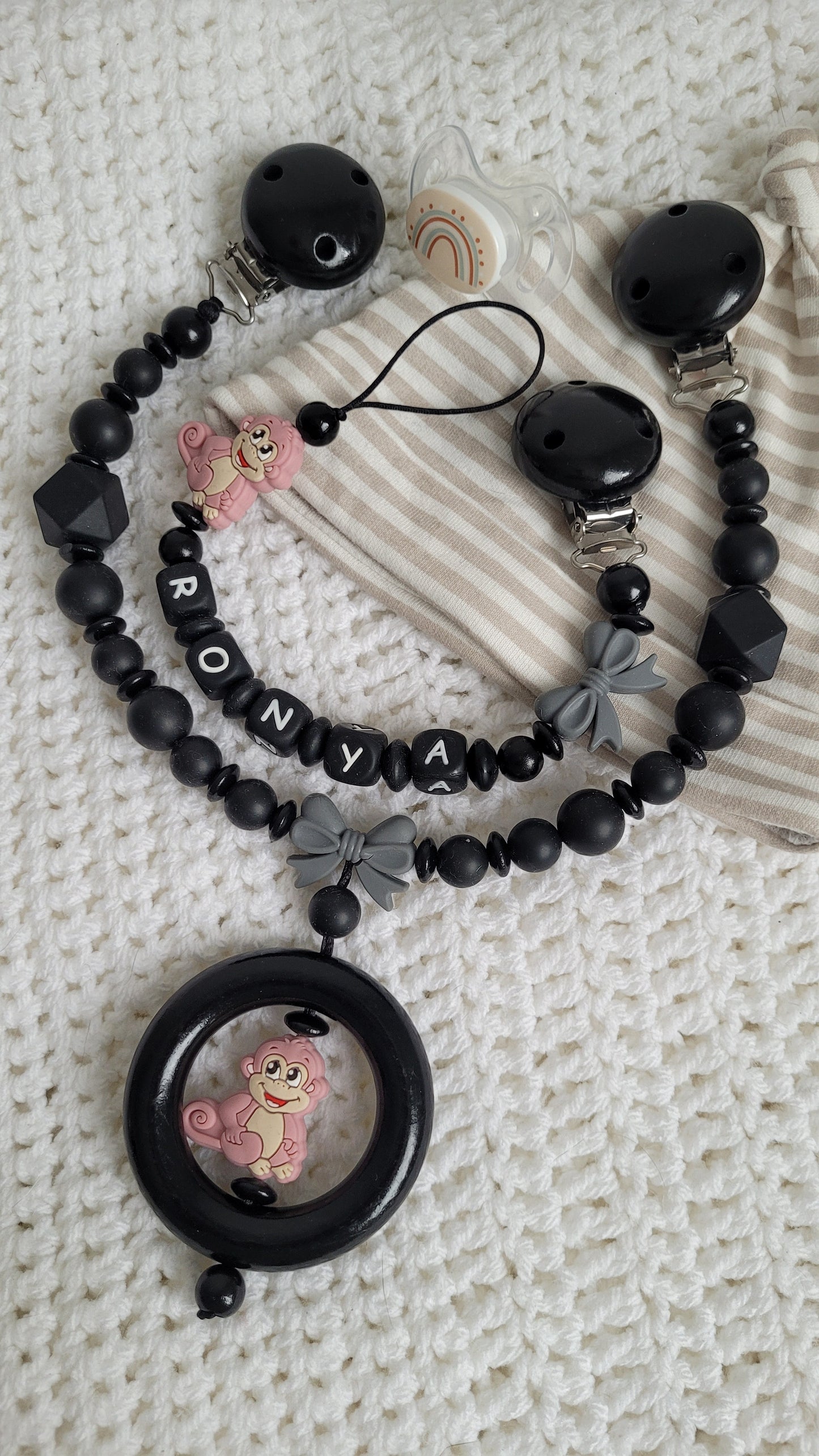 Kinderwagenkette & Schnullerkette *Äffchen* Black