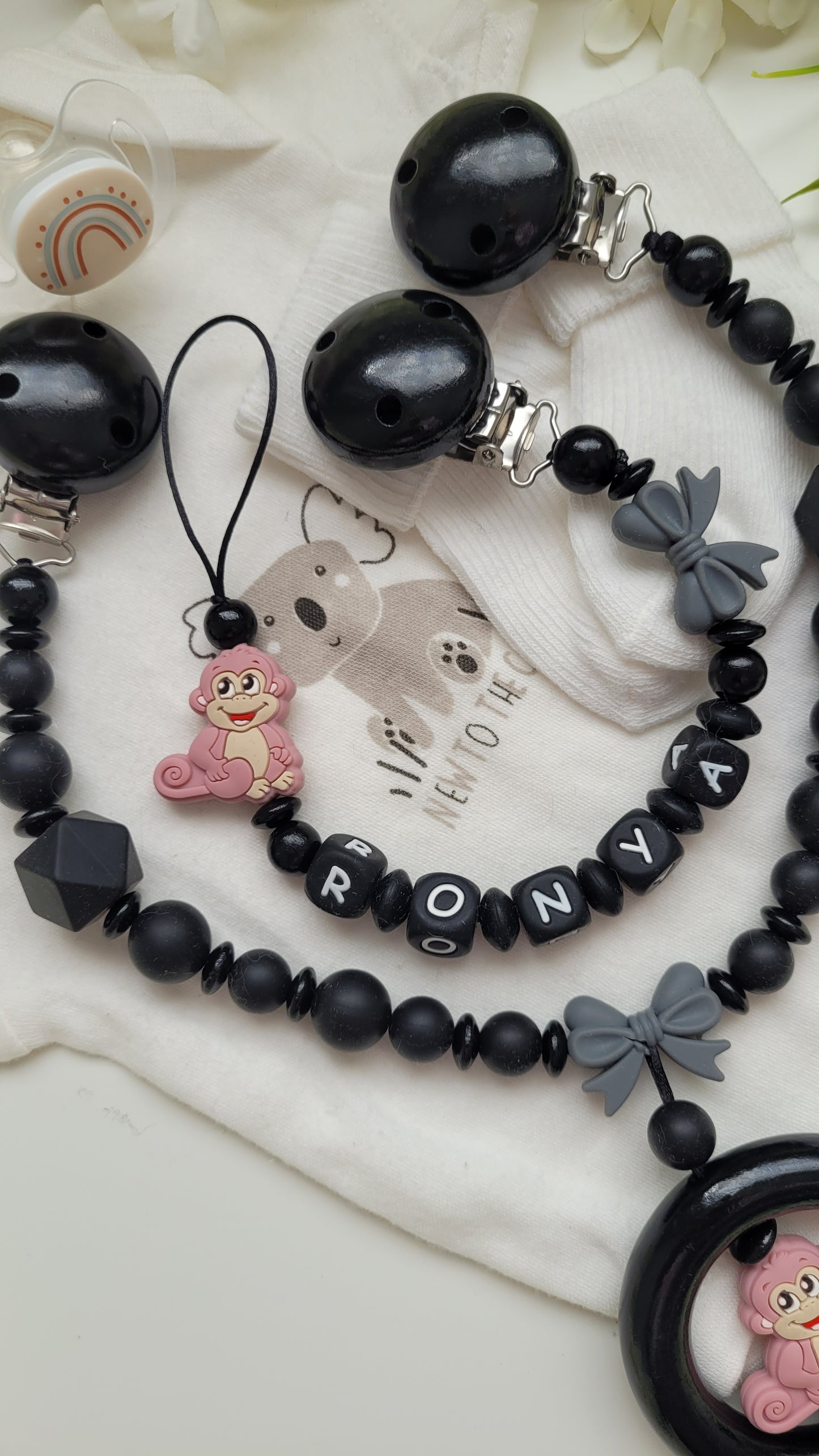Kinderwagenkette & Schnullerkette *Äffchen* Black