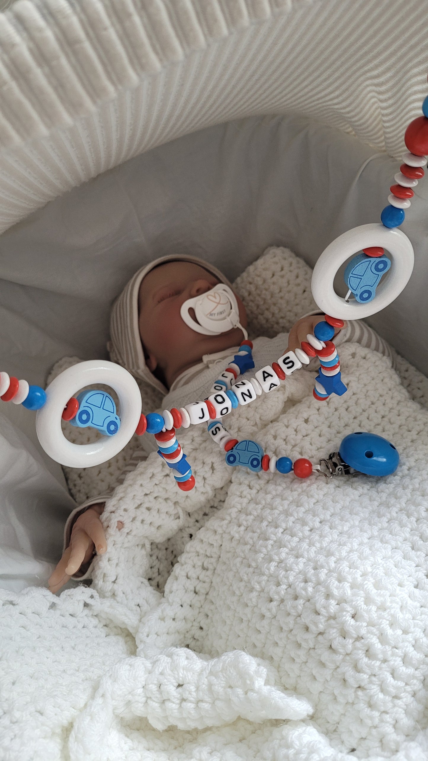 Kinderwagenkette & Schnullerkette mit Namen Auto Spielringe