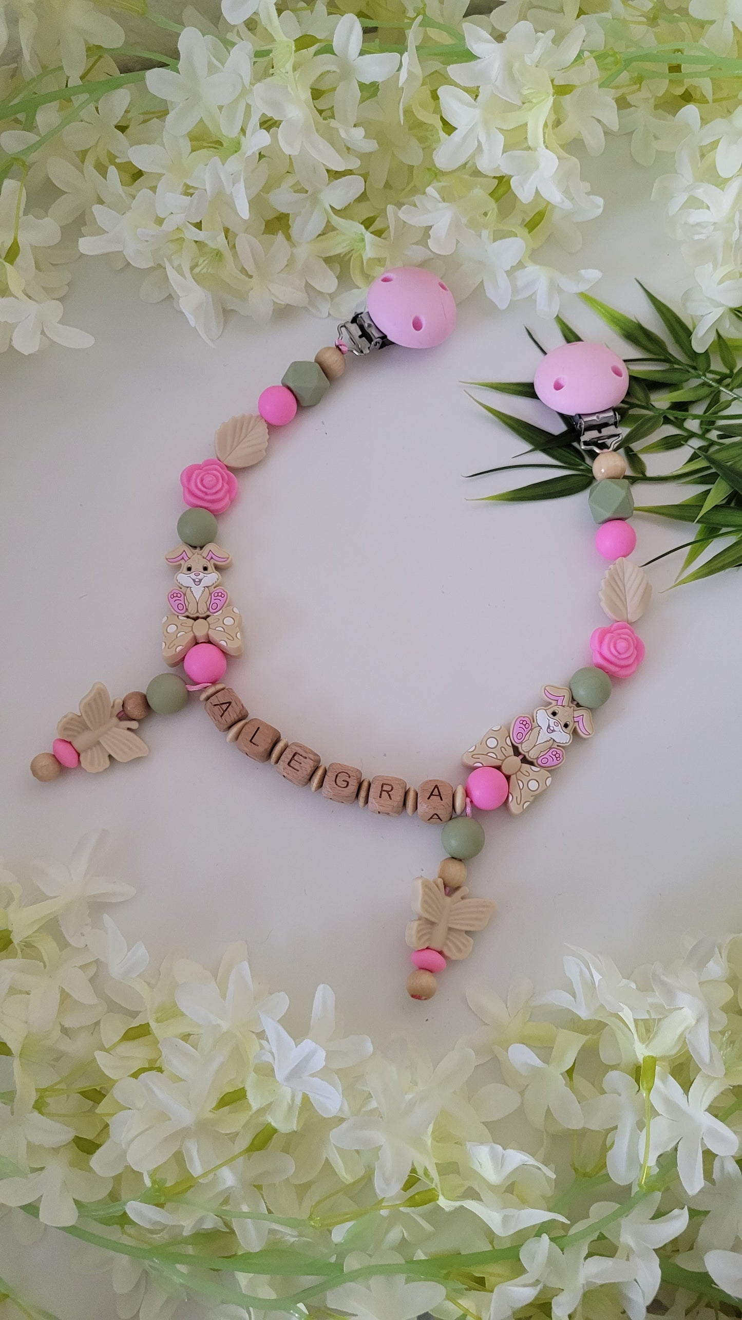 Kinderwagenkette & Schnullerkette *Häschen* pink grün