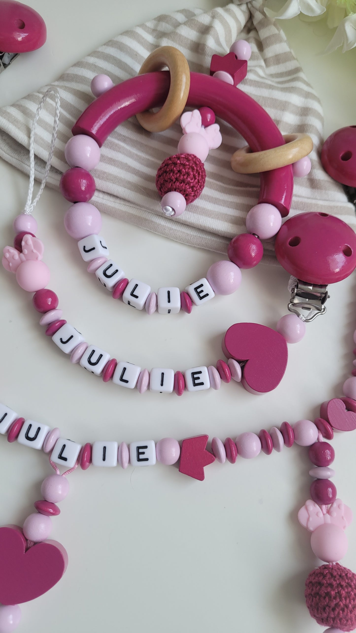 Komplett Set 3tlg Schnullerkette Kinderwagenkette Greifring mit Namen Minnie Maus pink rosa