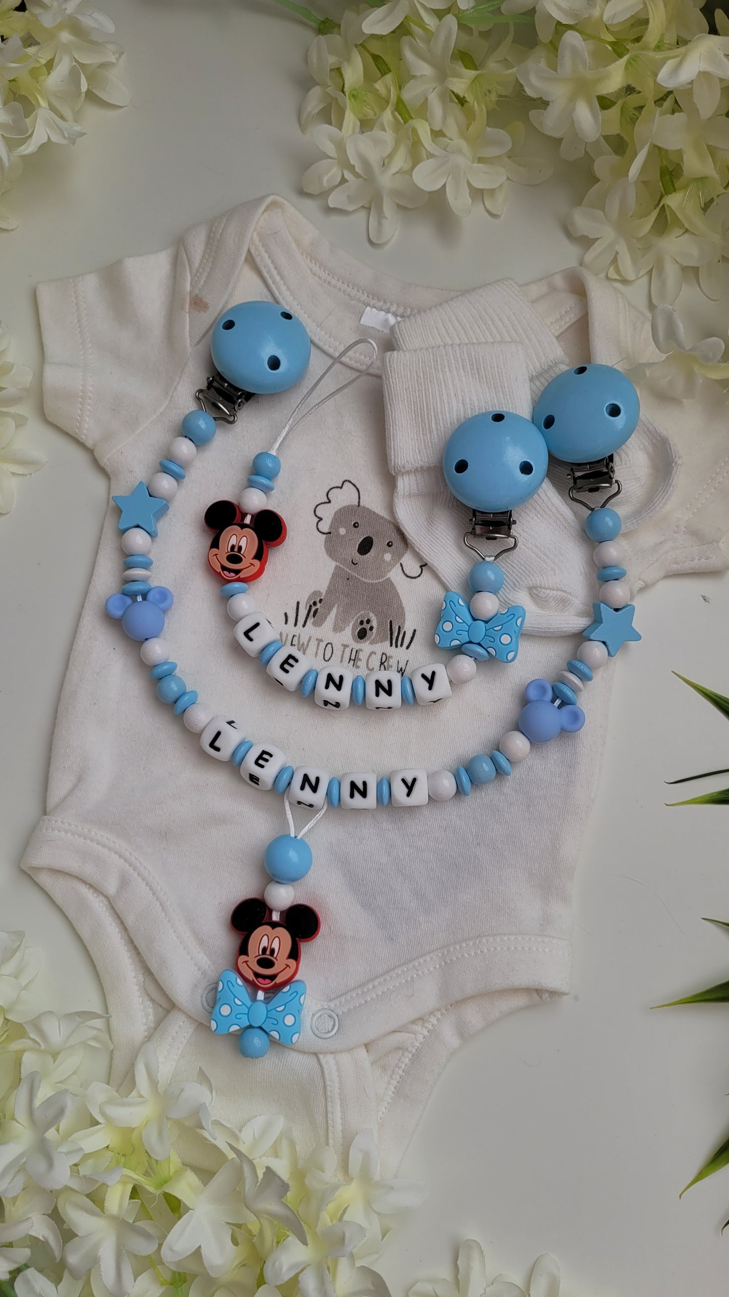 Kinderwagenkette & Schnullerkette mit Namen *Maus* blau