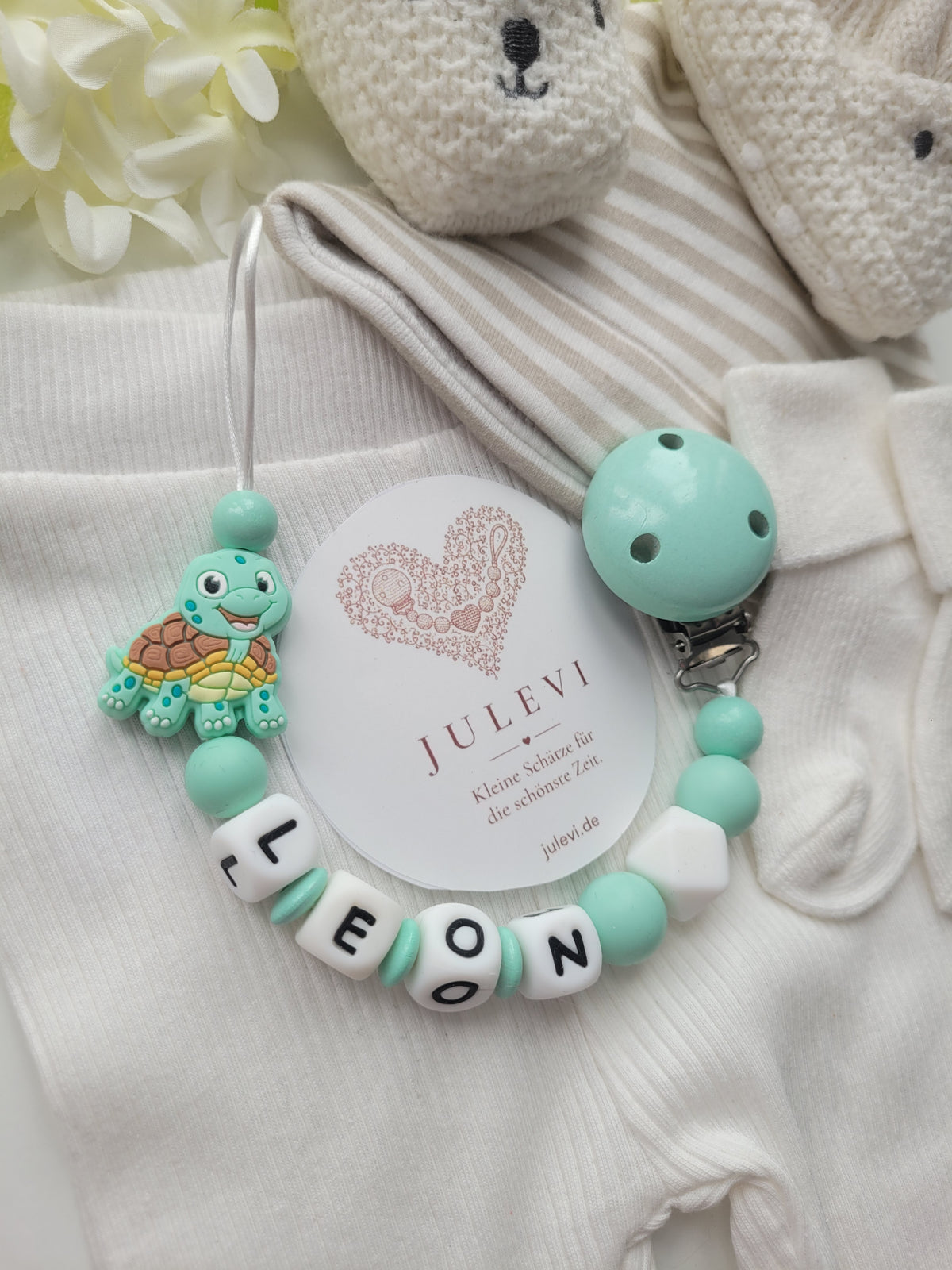 Schnullerkette mit Namen für Jungen Schildkröte Silikon mint