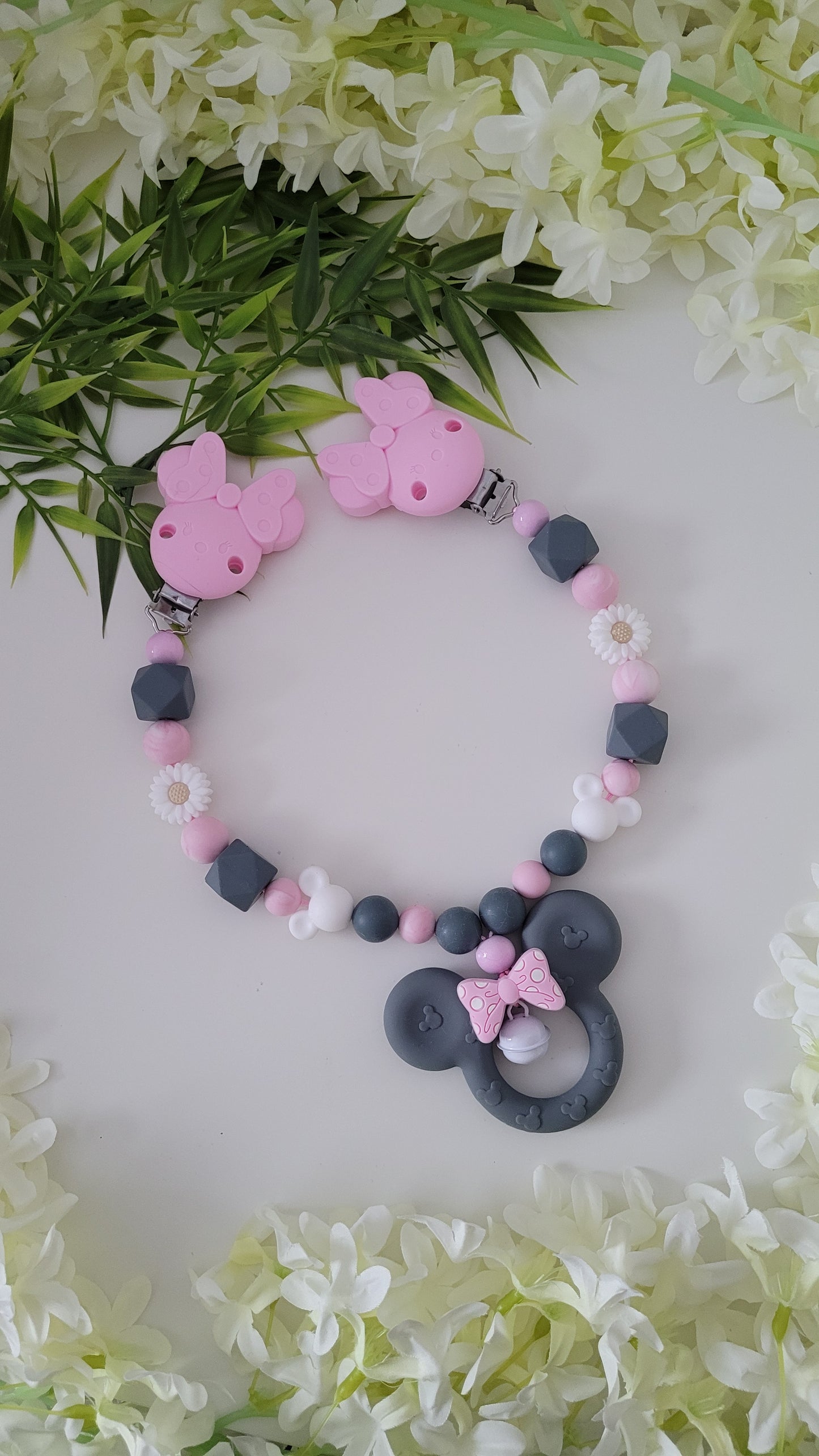Kinderwagenkette & Schnullerkette *Minnie* grau rosa