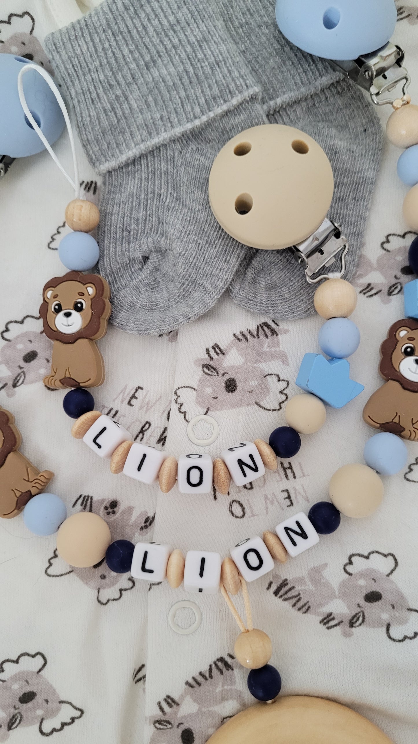 Kinderwagenkette & Schnullerkette * Löwe* blau beige