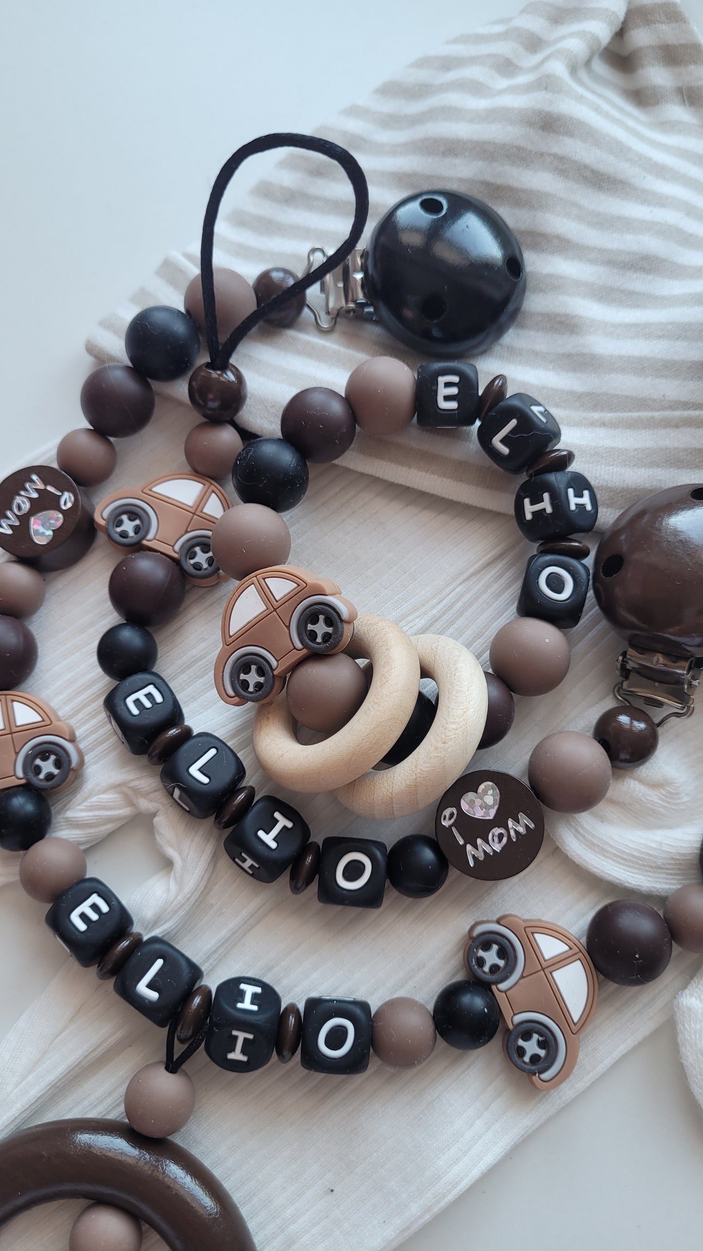 3er Set Schnullerkette Kinderwagenkette & Greifring Auto mit Namen schwarz braun