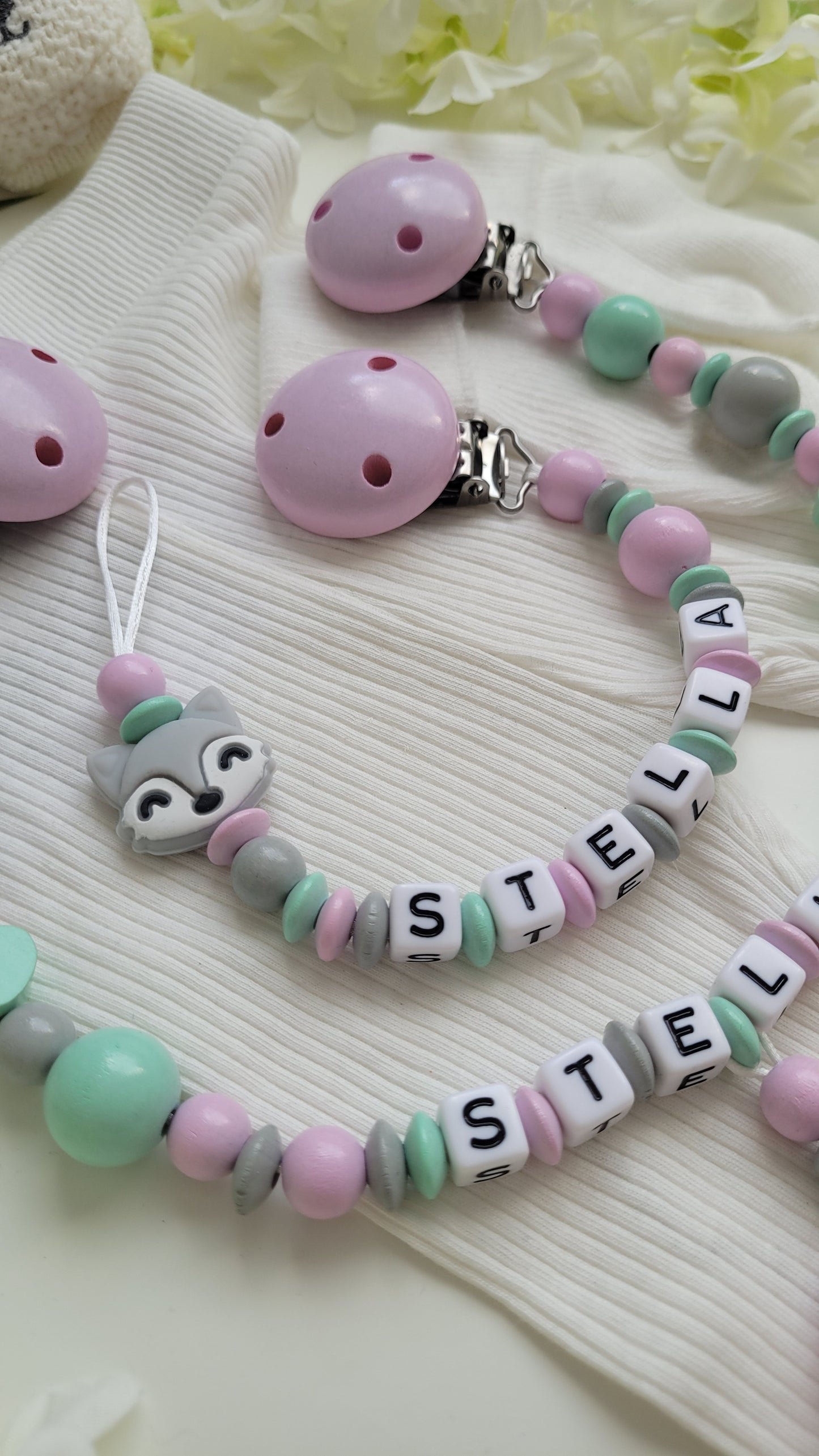 Kinderwagenkette & Schnullerkette mit Namen Fuchs rosa mint grau