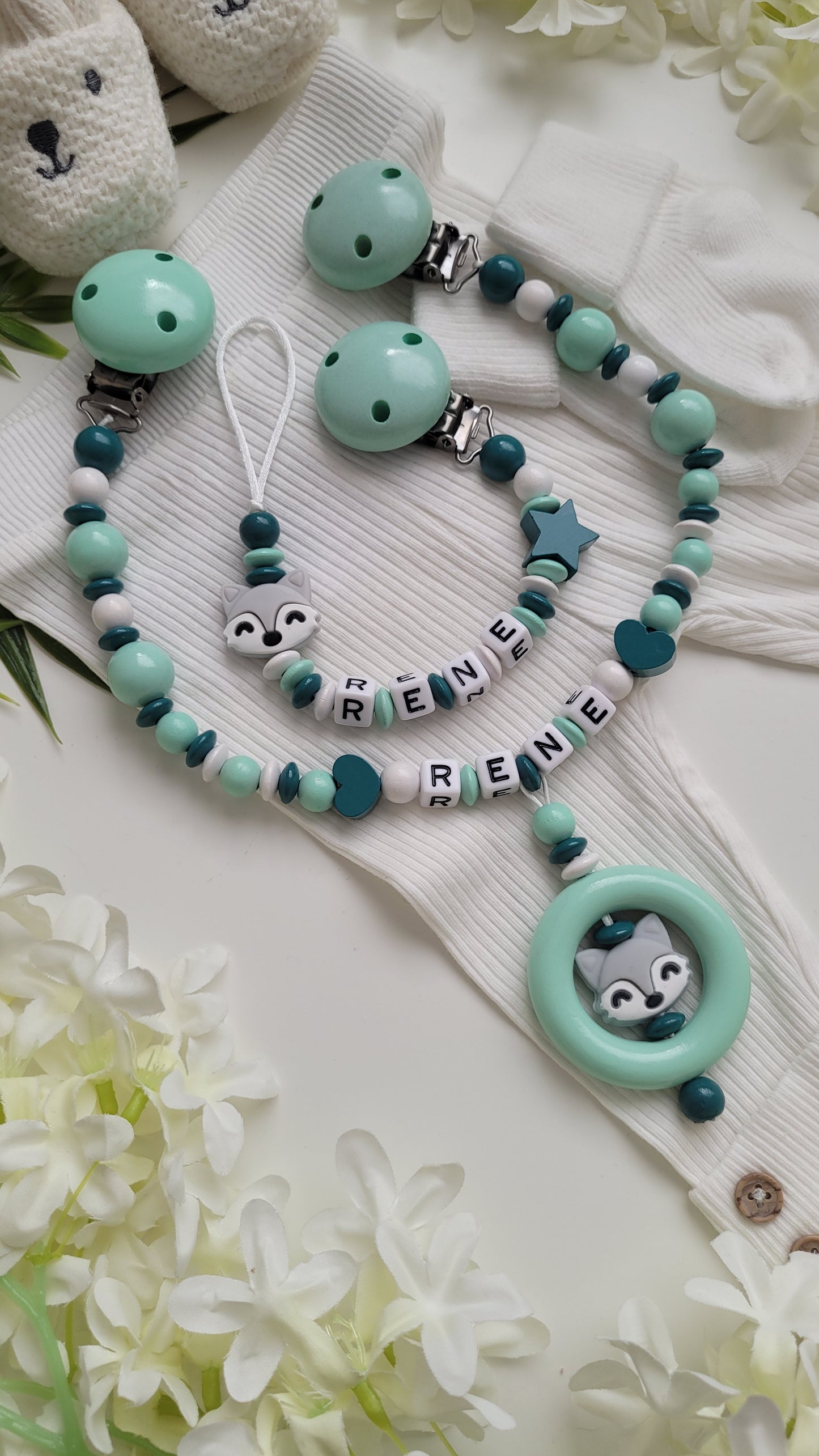 Schnullerkette & Kinderwagenkette Fuchs türkis mint